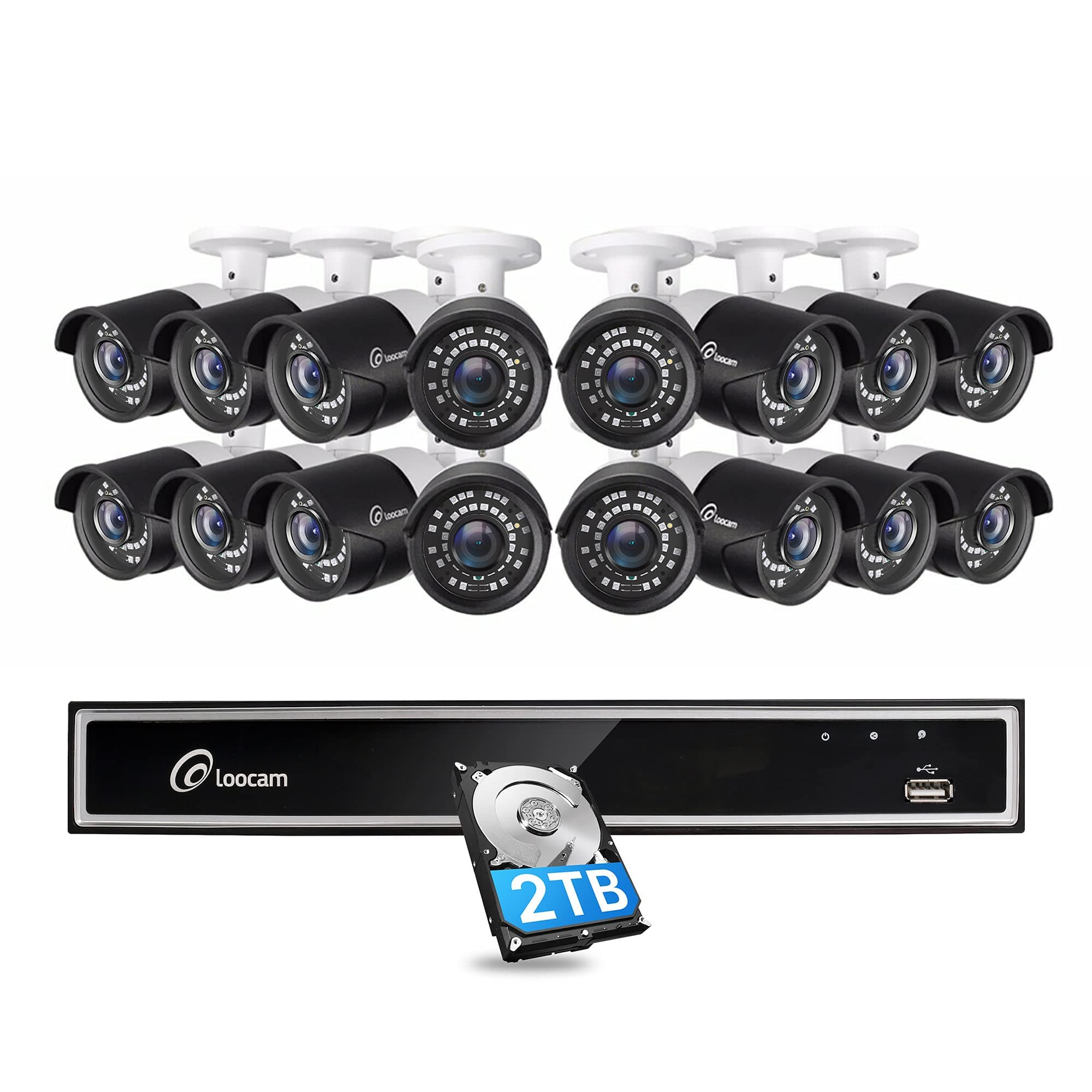 Loocam 16CH 1080p Security Camera System, 16 Channel DVR (2TB HDD) and 16x 2MP Outdoor IP67 Weatherproof CCTV Surveillance Bullet Cameras, 150ft Night Vision, Motion Detection and Email Alert