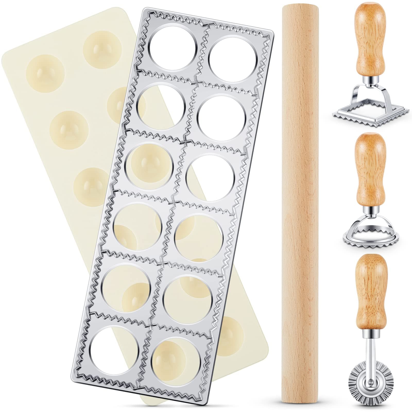 5 Pcs Ravioli Mold Set 2 Inch Squares Ravioli Maker Cutter Include 1 Raviolis Maker Press 3 Pasta Cutter Stamp Makers 1 Wood Rolling Pin Pasta Making Tool for Home Kitchen Supplies (12 Holes)