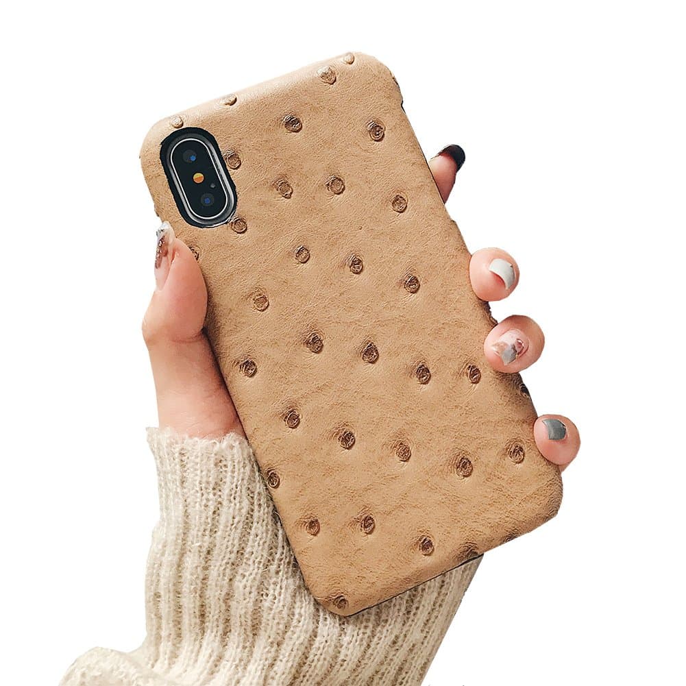 YonMeet Luxury Ostrich Grain Pattern Phone Case for iPhone X 10 Retro Geniune Leather Hard PC Back Cover (Beige)