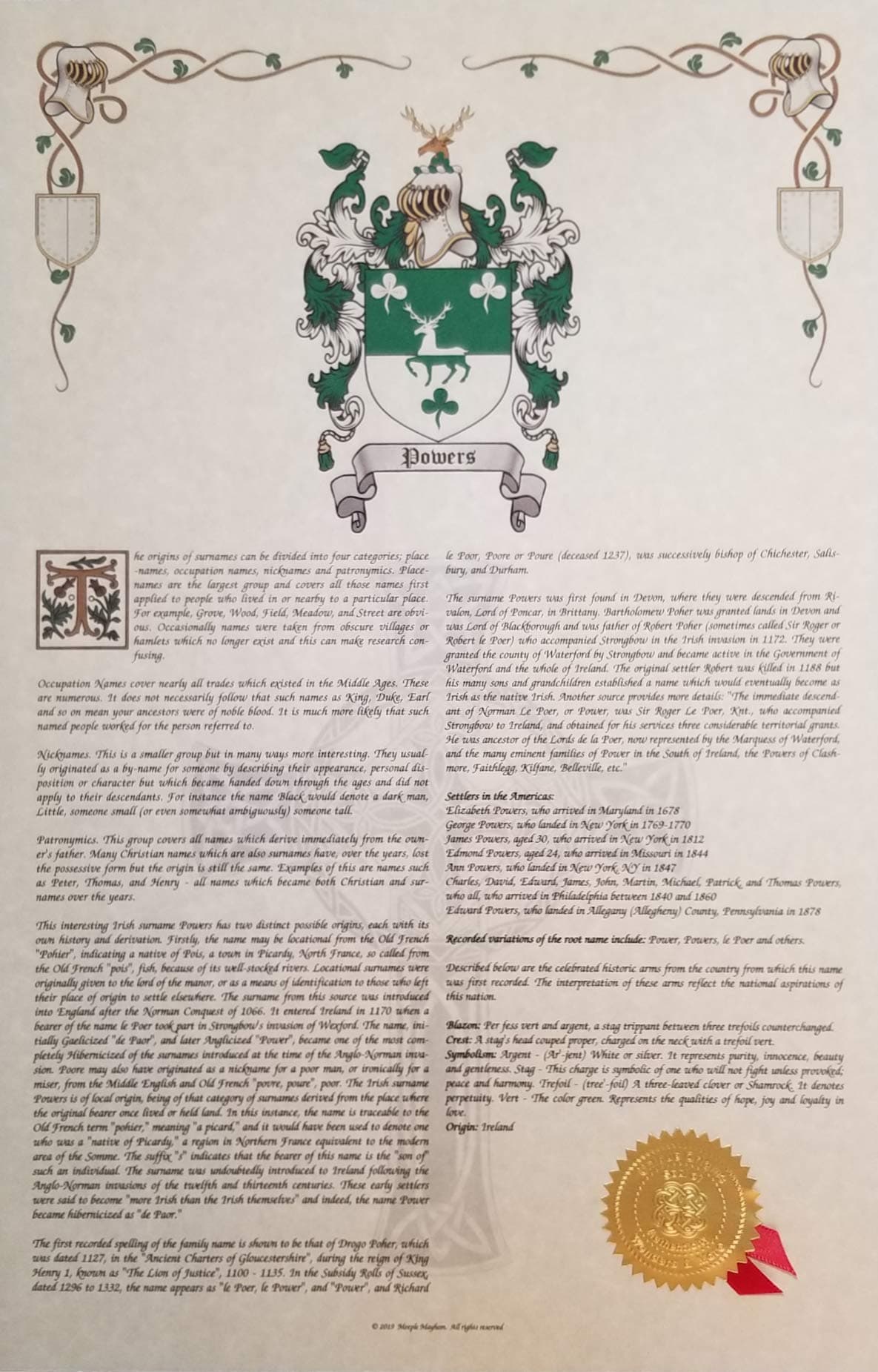 Gilbert - Coat of Arms, Crest & History 11x17 Print - Surname Origin: Scotland