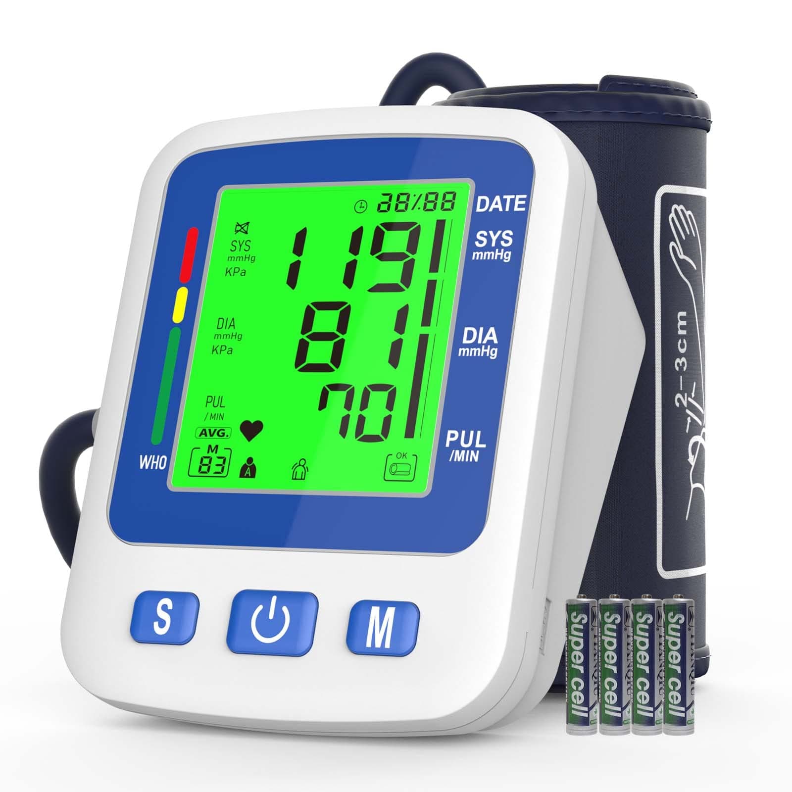 Oudekay Blood Pressure Monitor for Home Use Upper Arm, Digital Automatic Blood Pressure & Pulse Rate Machine with Wide-Range Cuff, 2 x 99 Memories, 3-Color Backlight Display（Battery Include）, White