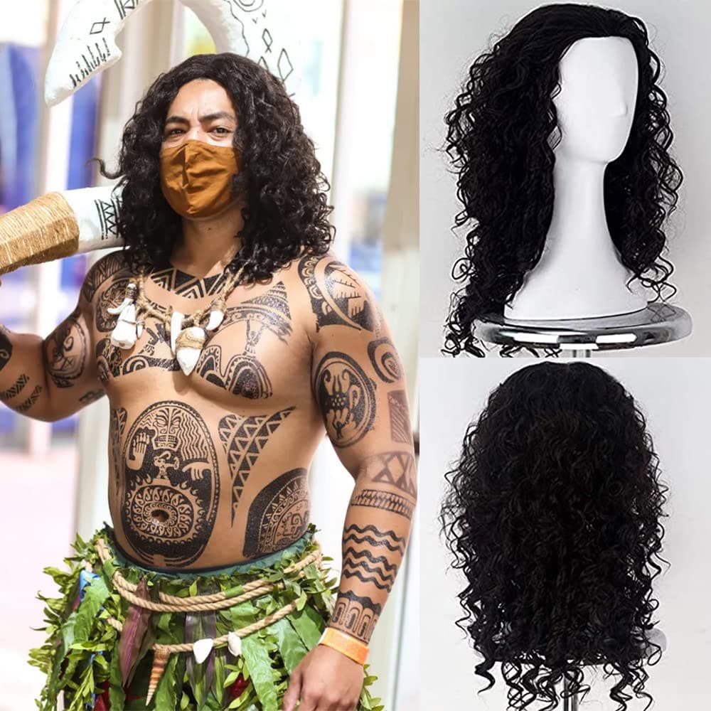 Synthetic Cosplay Wigs Medium Long Curly Dark Brown Synthetic Wig for Men Halloween