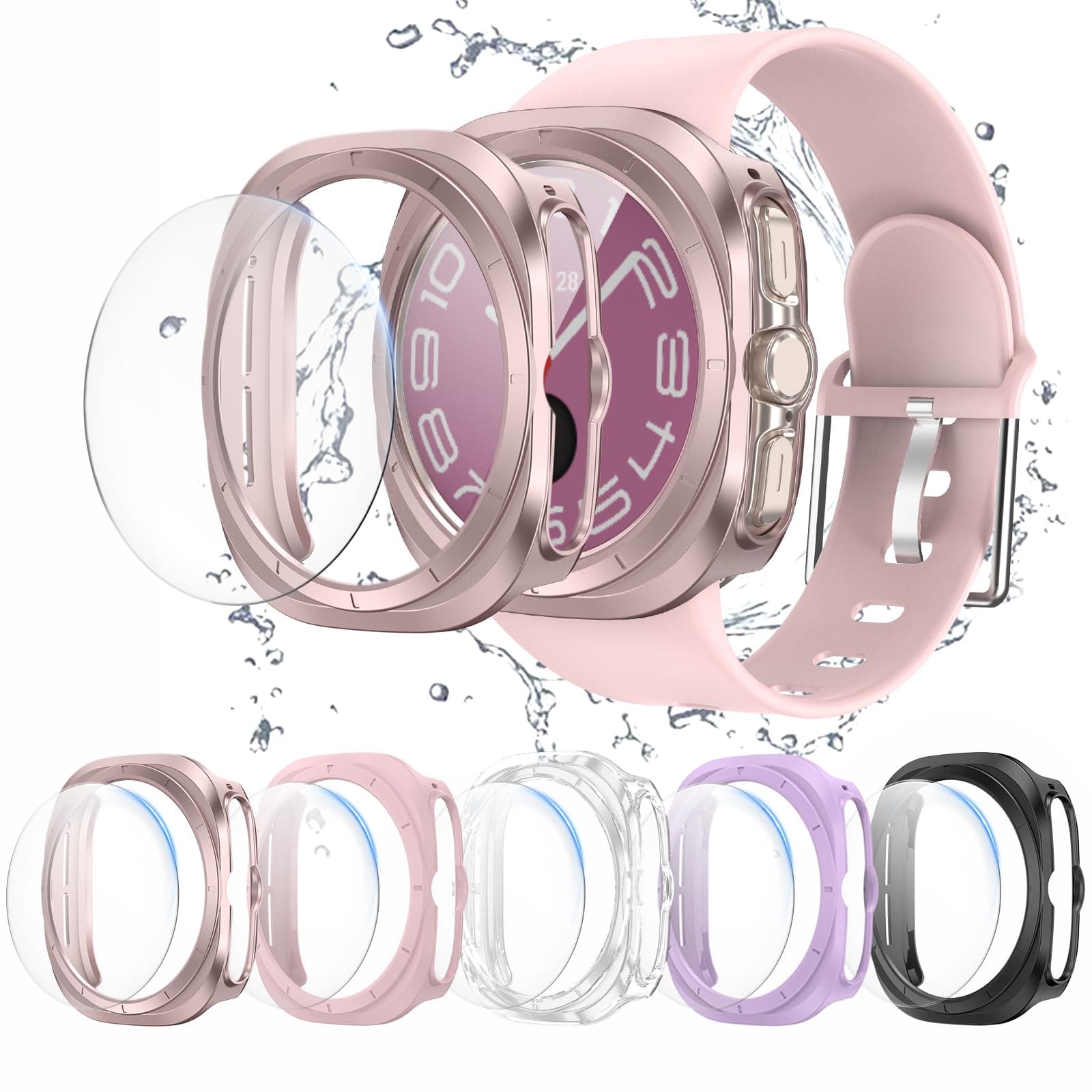 BHARVEST [5+5 Pack Galaxy Watch 7 Ultra 47mm Screen Protector, Waterproof Case Protective Cover+Tempered Glass Screen Protector Ultra-Thin Hard PC Guard Bumper For Samsung Galaxy Watch 7 47mm Women