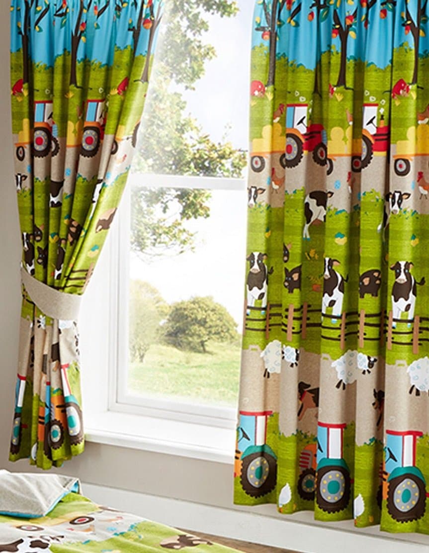 Kids Club Farmyard Animal Fully Lined Pair of Curtains 66" X 72" 183cm Bedroom Cow Tractor, Cotton/Polyester, Green, 183 h x 168 l Centimeters