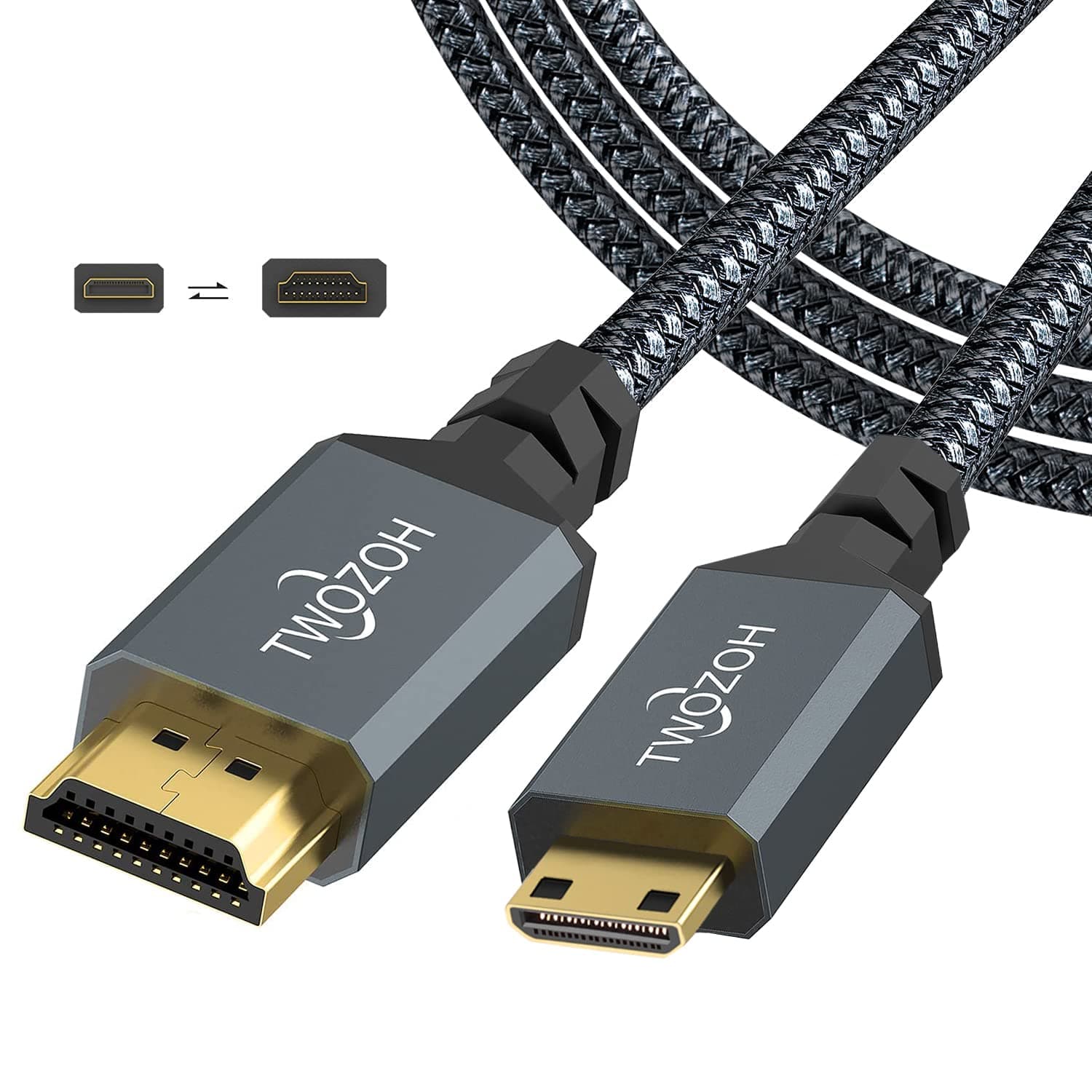 Twozoh Mini HDMI to HDMI Cable 3M, 4K 60Hz High Speed HDMI to Mini HDMI 2.0 Braided Lead