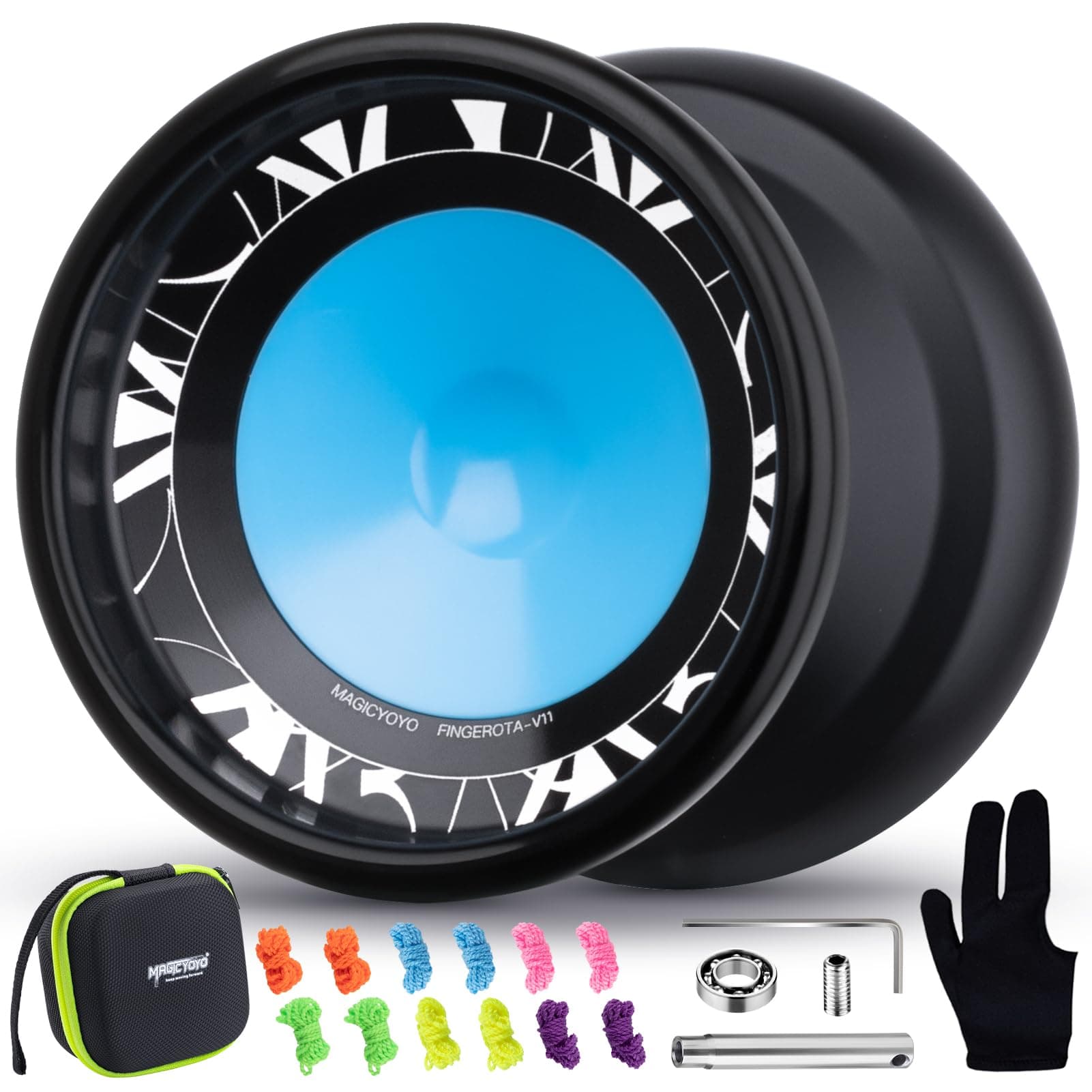 MAGICYOYO V11 FINGEROTA Professional Finger Spin Yoyo - Dual Purpose Trick Yoyo Unresponsive & Responsive Yo Yo for All Levels +Yo Yo Glove + 12 Replacement Strings +Storage Case (Black)