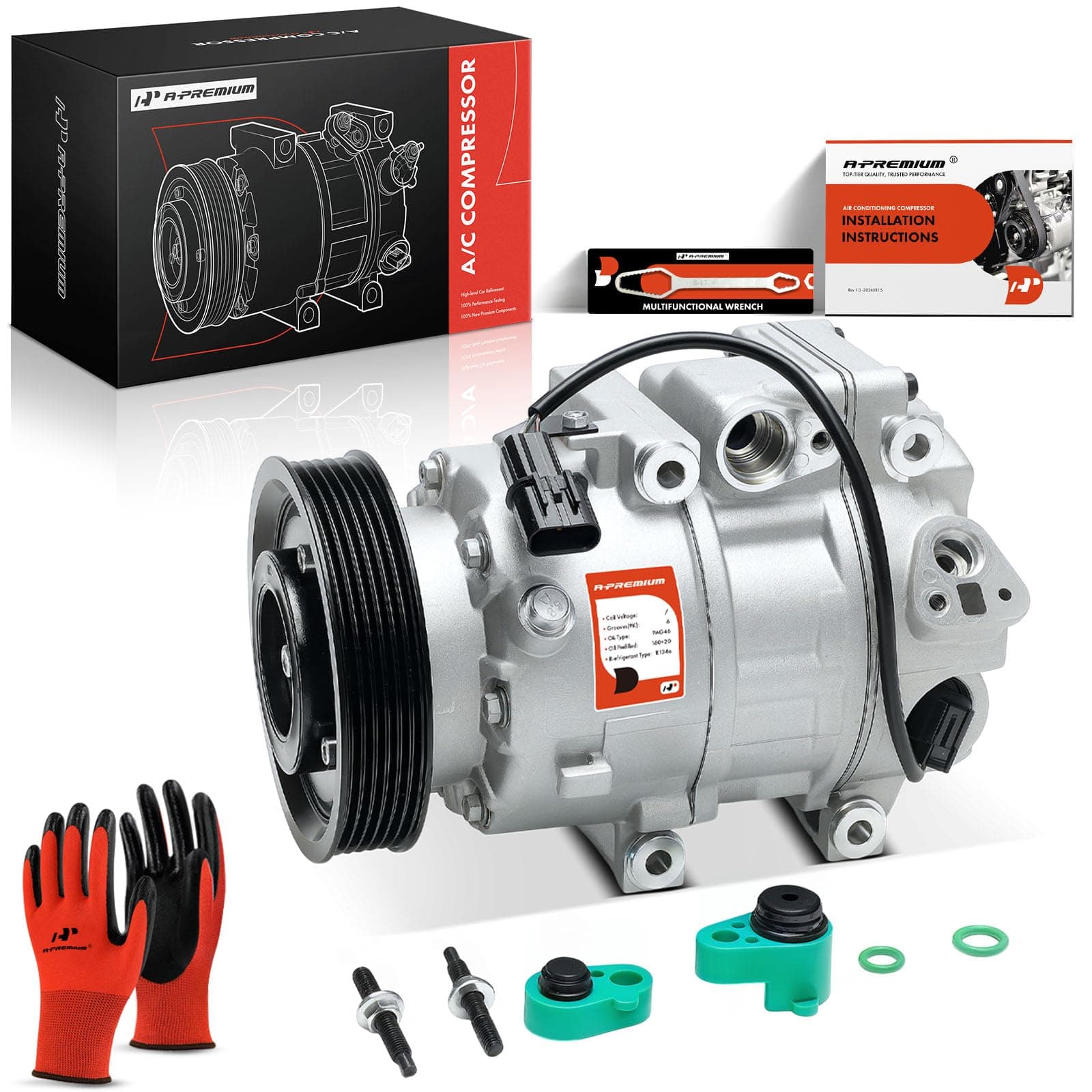 A-Premium Air Conditioner AC Compressor with Clutch Compatible with Kia Sorento 2.4L 2012-2014, Hyundai Santa Fe Sport 2.0L 2.4L 2013-2018, with VS18E compressor