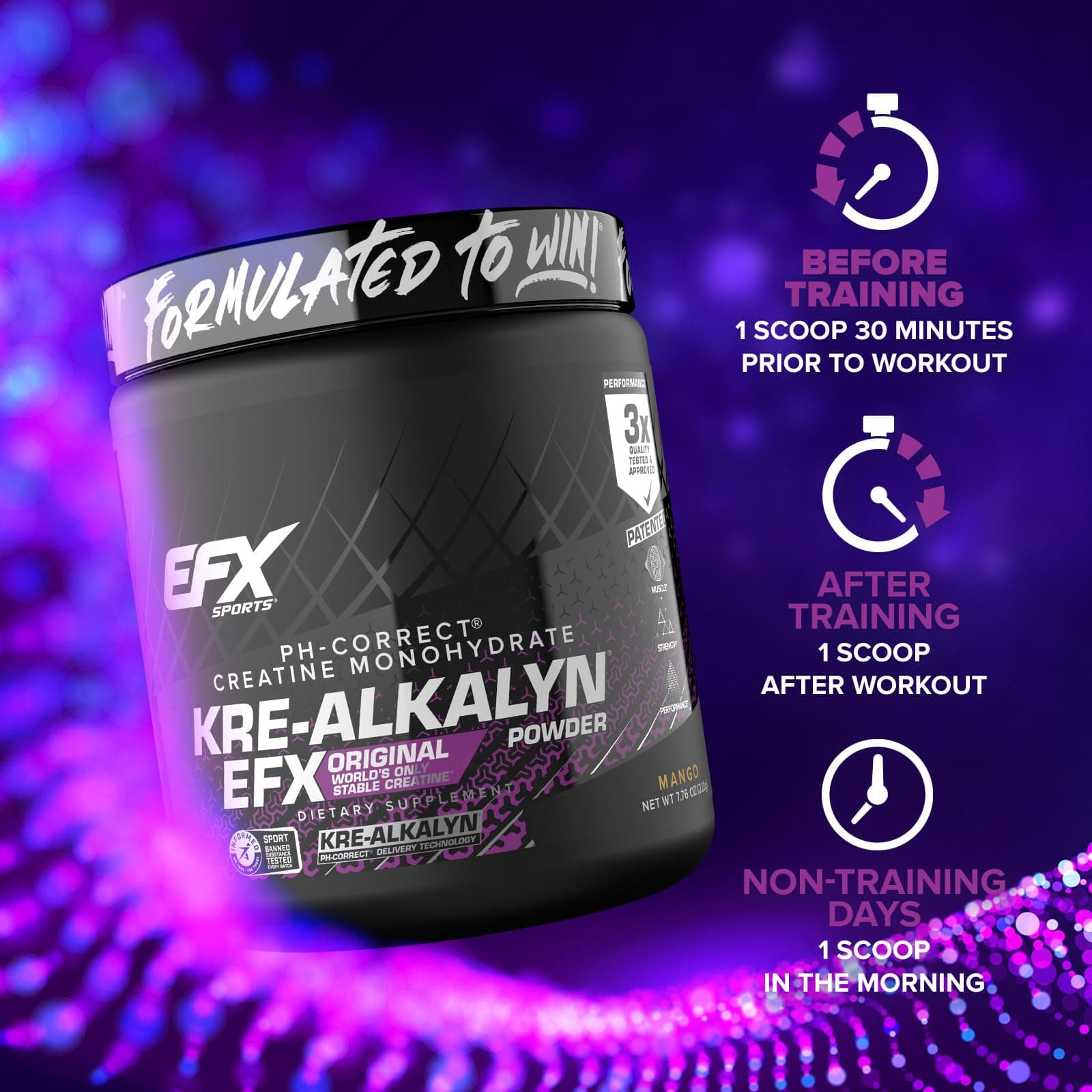 EFX Sports Kre-Alkalyn EFX Powder | pH Correct Creatine Monohydrate Powder Supplement | Strength, Muscle Growth & Performance | 110 Servings (Mango)
