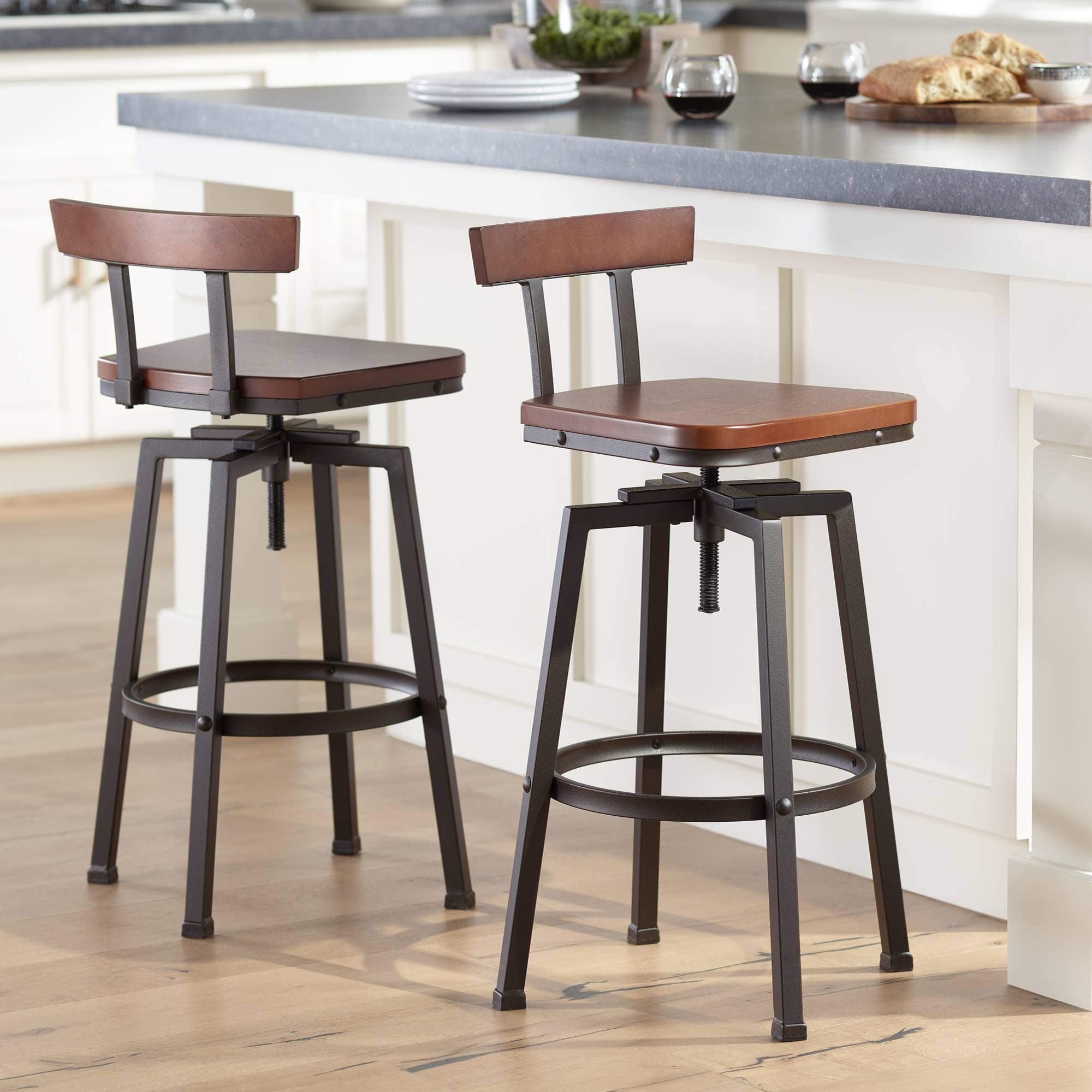 Roark Bronze Metal Swivel Bar Stools Set of 2 Dark Brown 29 1/2" High Industrial Solid Wood Back Adjustable with Backrest Footrest for Kitchen Counter Height Island Home Shed