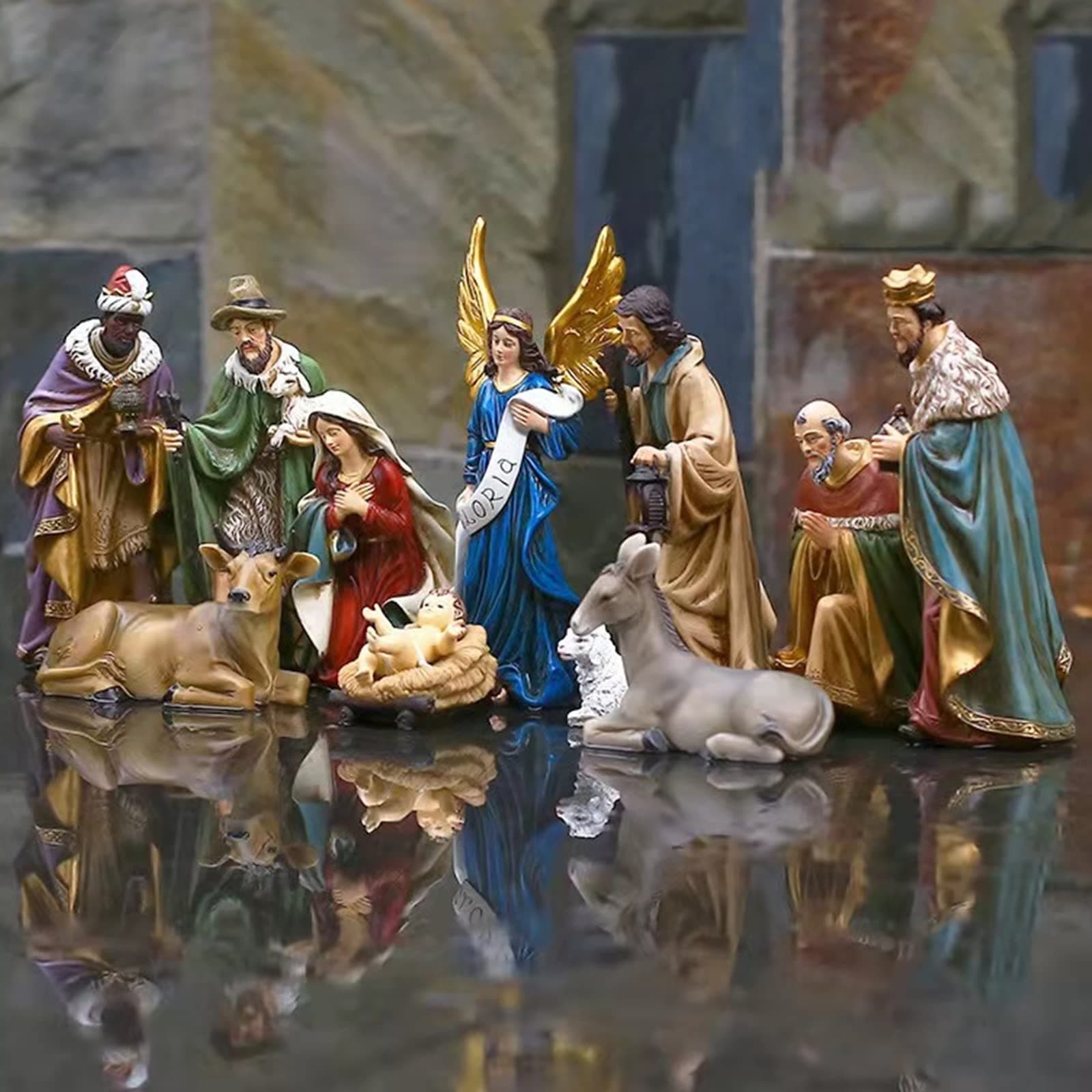 XDJ Resin 11 Figures Christmas Nativity Scene Set, 20cm Large Christmas Story Nativity Manger Set, Christ Birth Jesus Crib Statue, Grace Holy Ornament, Gifts