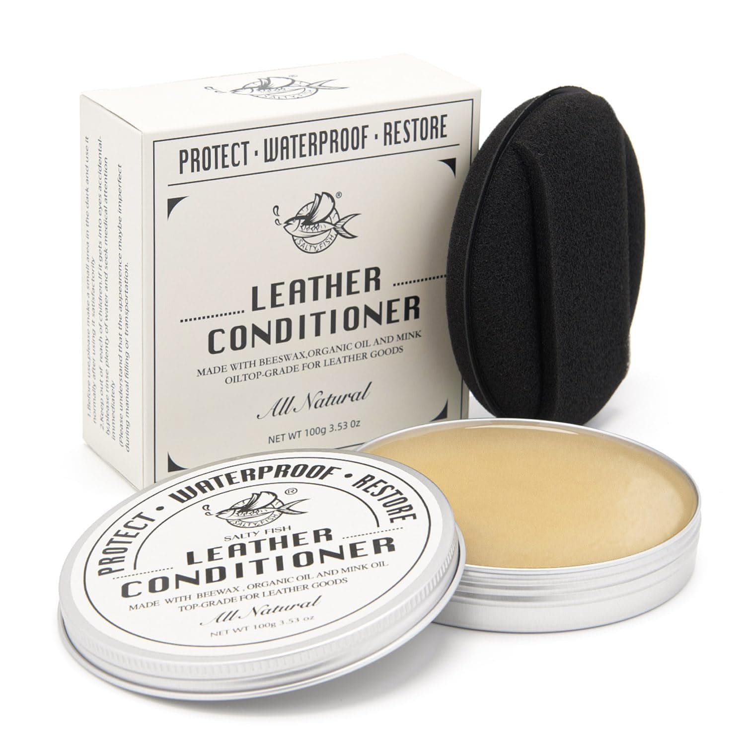 SALTY FISH All-Natural Leather Conditioner and Cleaner,Made with Mink Oil Beeswax,Protect Soften Waterproof Leather Furniture,Car Seats,Shoes,Boots,Bags (3.53 Oz with Sponge)