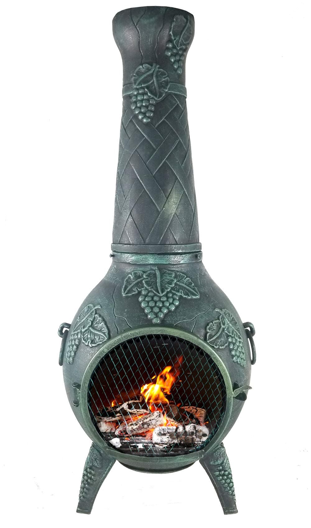 The Blue RoosterGrape Cast Aluminum Chiminea with Gas and a 10' Hose in Antique Green. Includes a Free Year Round Cover