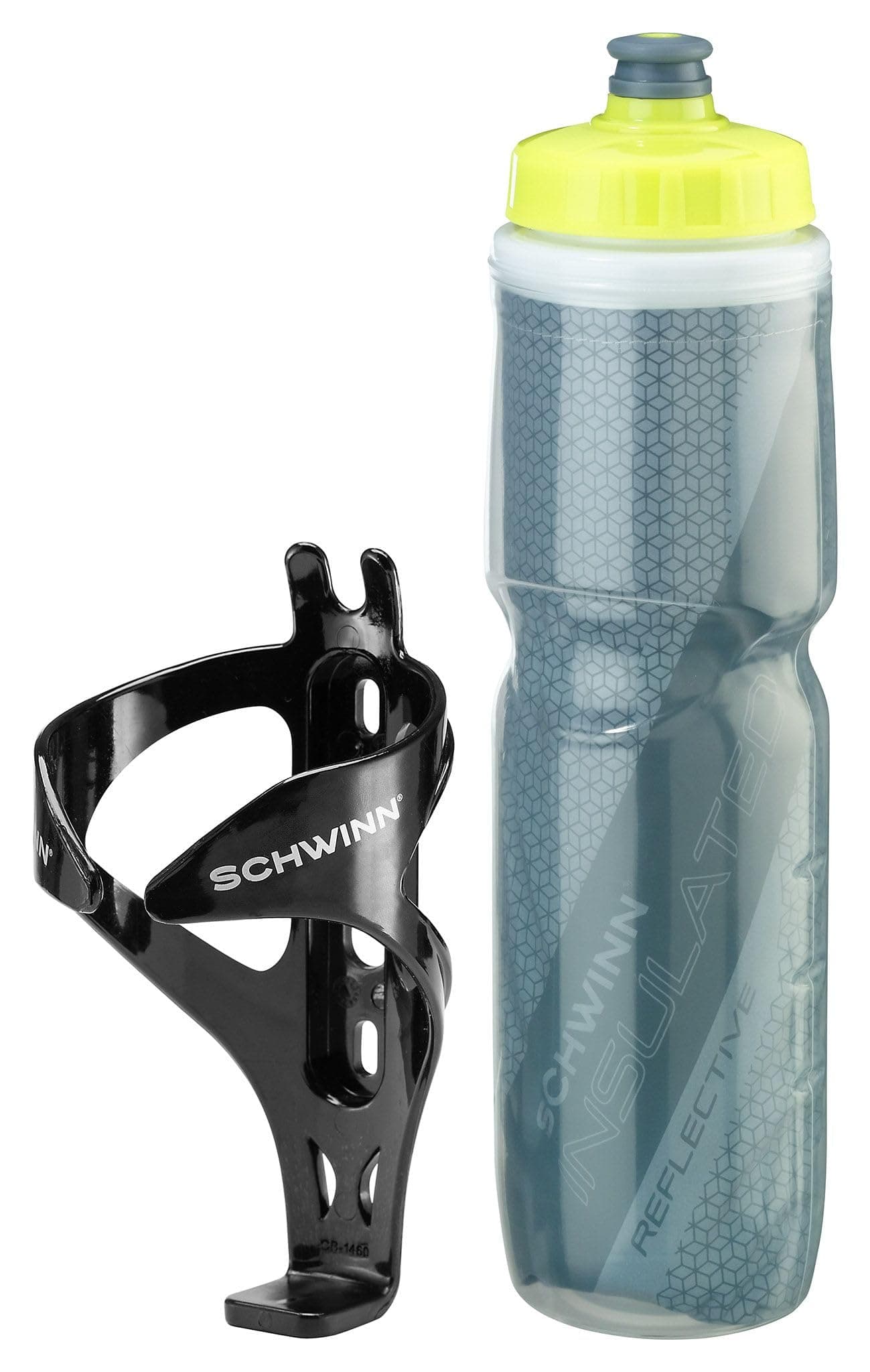 Schwinn Reflective Insulated Water Bottle with Holder for Bicycle, 26 oz, BPA-Free, Dual-Stage Nozzle, Easy Squeeze, Cage Easily Mounts to Bike, Night Visibility, Bike Water Bottle Holder Combo