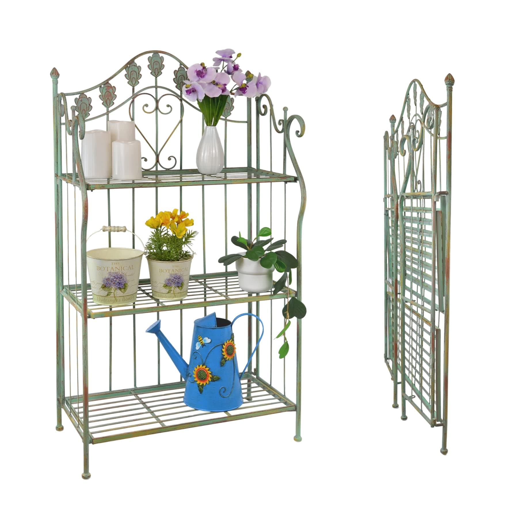 Westcharm Pre-Assembled Folding Metal Shelf | Plant Stand | Shelving Unit | Bookcase | Outdoor Baker's Rack with Scrolling Heart & Peacock Tail Motif