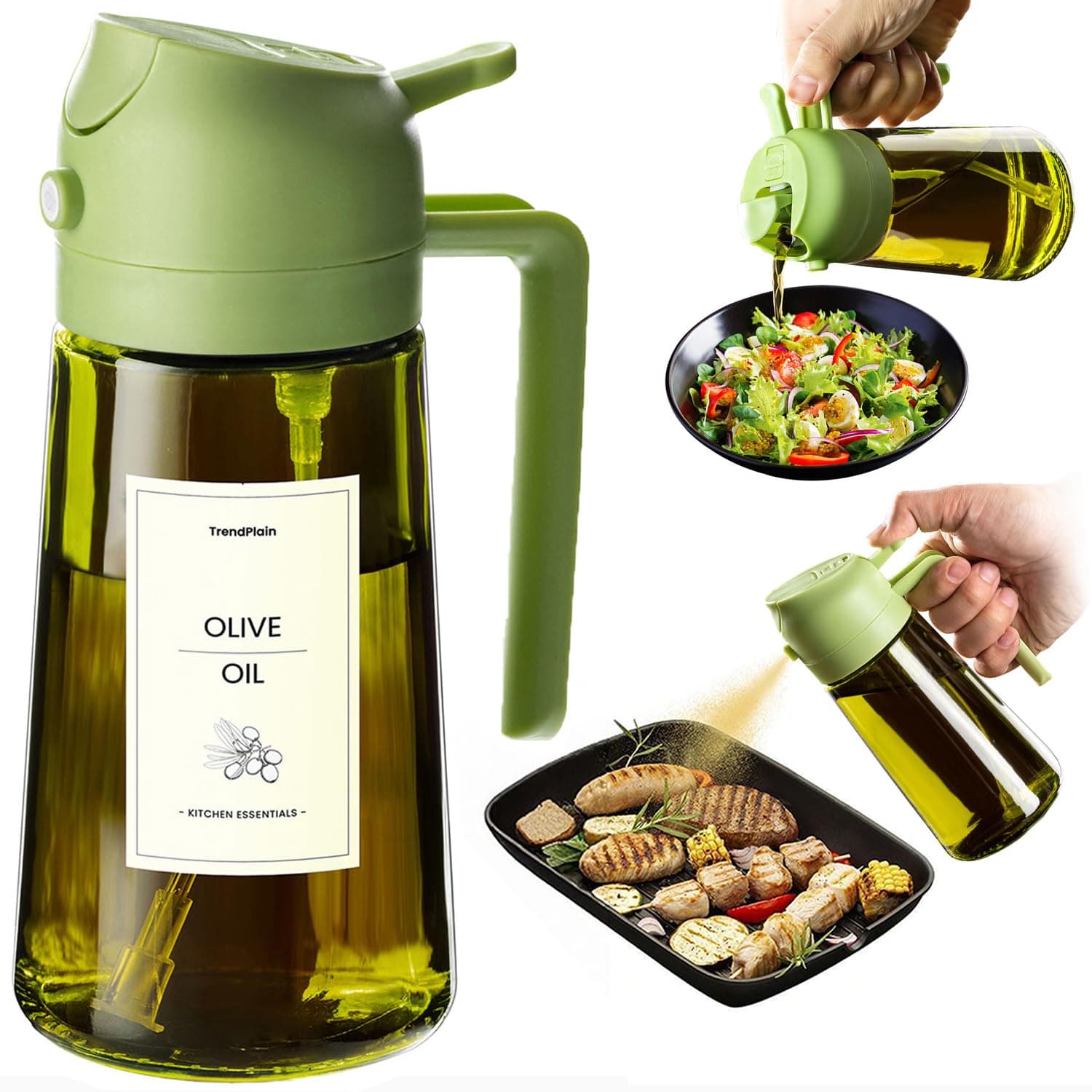 Original 16oz/470ml Olive Oil Dispenser Bottle for Kitchen Gadgets and Air Fryer Accessories - Olive Oil Sprayer for Cooking w/Stickers - Green