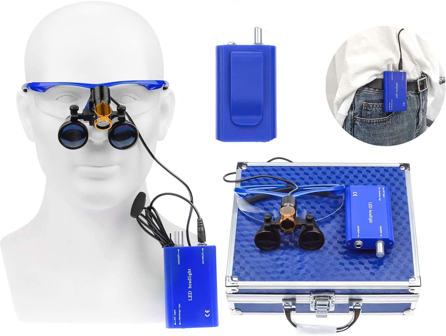 Blue 2.5X420MM Loupes Magnifier +5 Headlight Plug in Clip Head Light with Filter Aluminum Box 008.