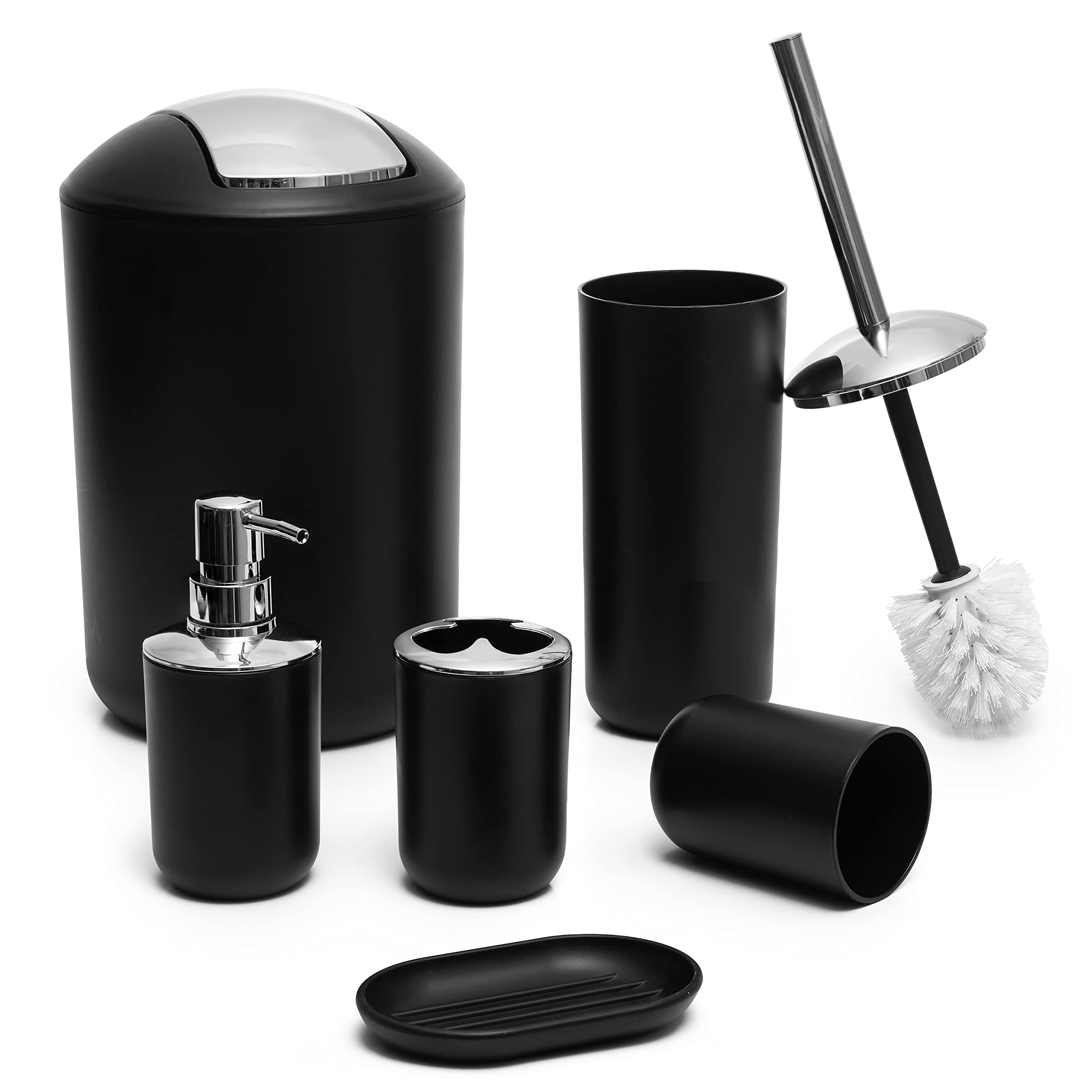 Moss & Stone 6-Piece Bathroom Accessories Set, Includes Soap Dispenser, Toothbrush Holder, Toothbrush Cup, Soap Dish, Complete Black Bathroom Decor Set