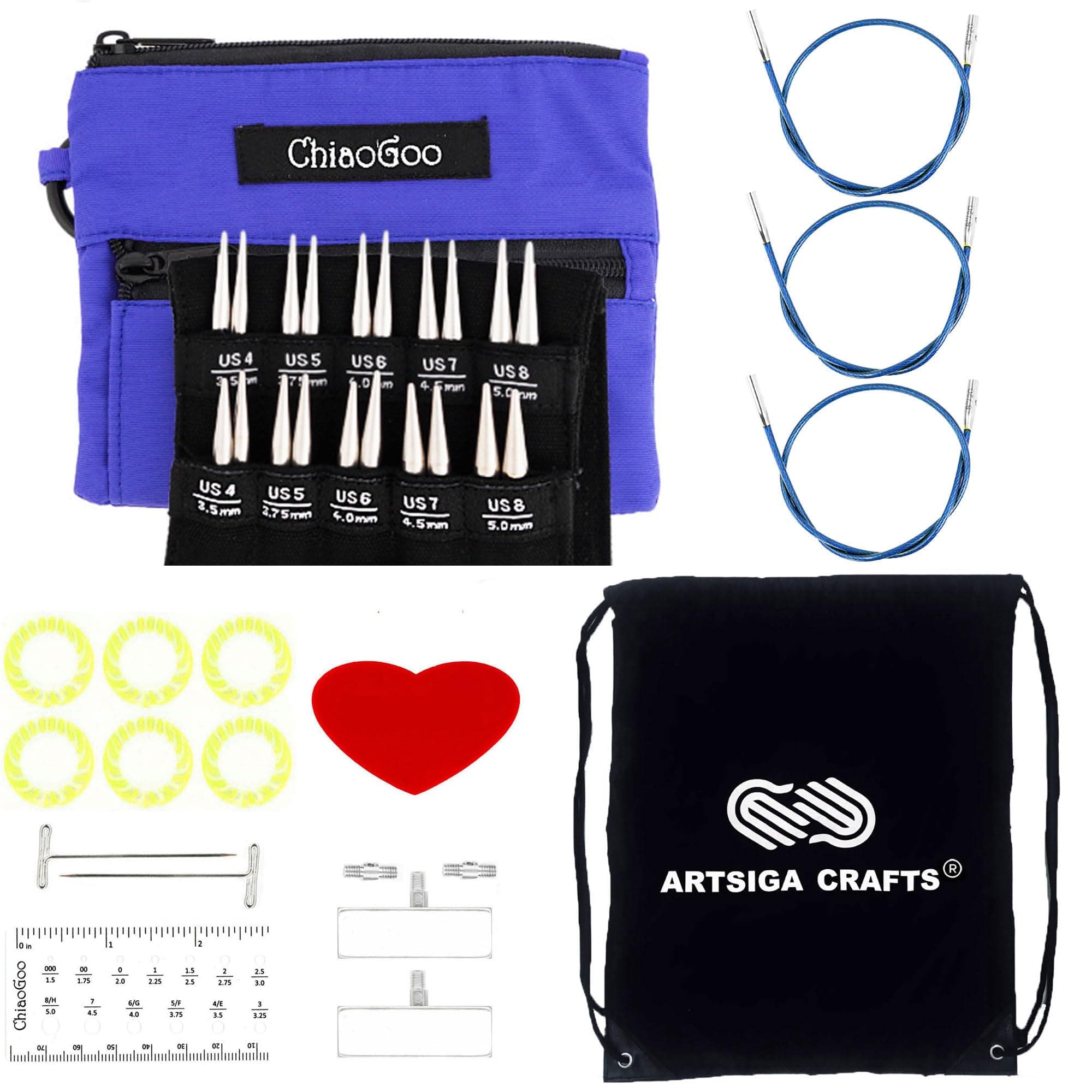 Twist Red Lace Shorties 2 & 3-Inch Large Blue 7230-S Interchangeable Knitting Needle Set, 10-Pairs Sizes US 4, 5, 6, 7, 8, Stainless Steel with 3 Cords Bundle with 1 Artsiga Crafts Large Bag