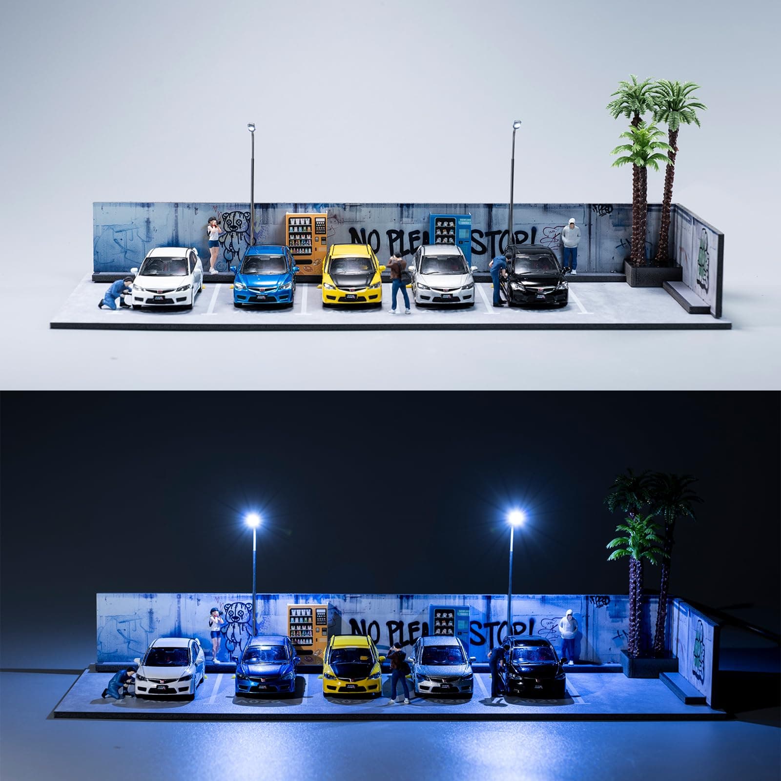 - 1/64 Diorama,Display Case for Hot Wheels,Hotwheels Storage Car Park with LED Lights,1/64 Model Car Display Case for 5 Parking Spaces.