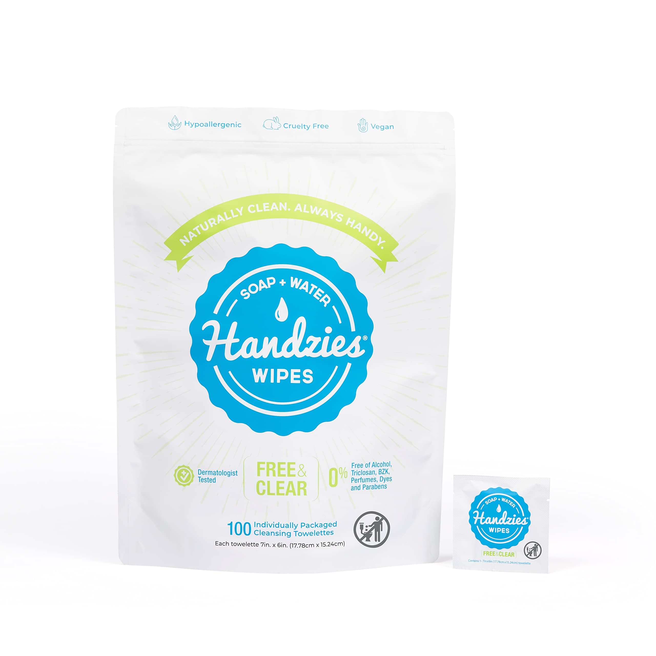 Handzies Natural Soap and Water Hand Wipes, Free and Clear, Individually Packaged Singles (100)