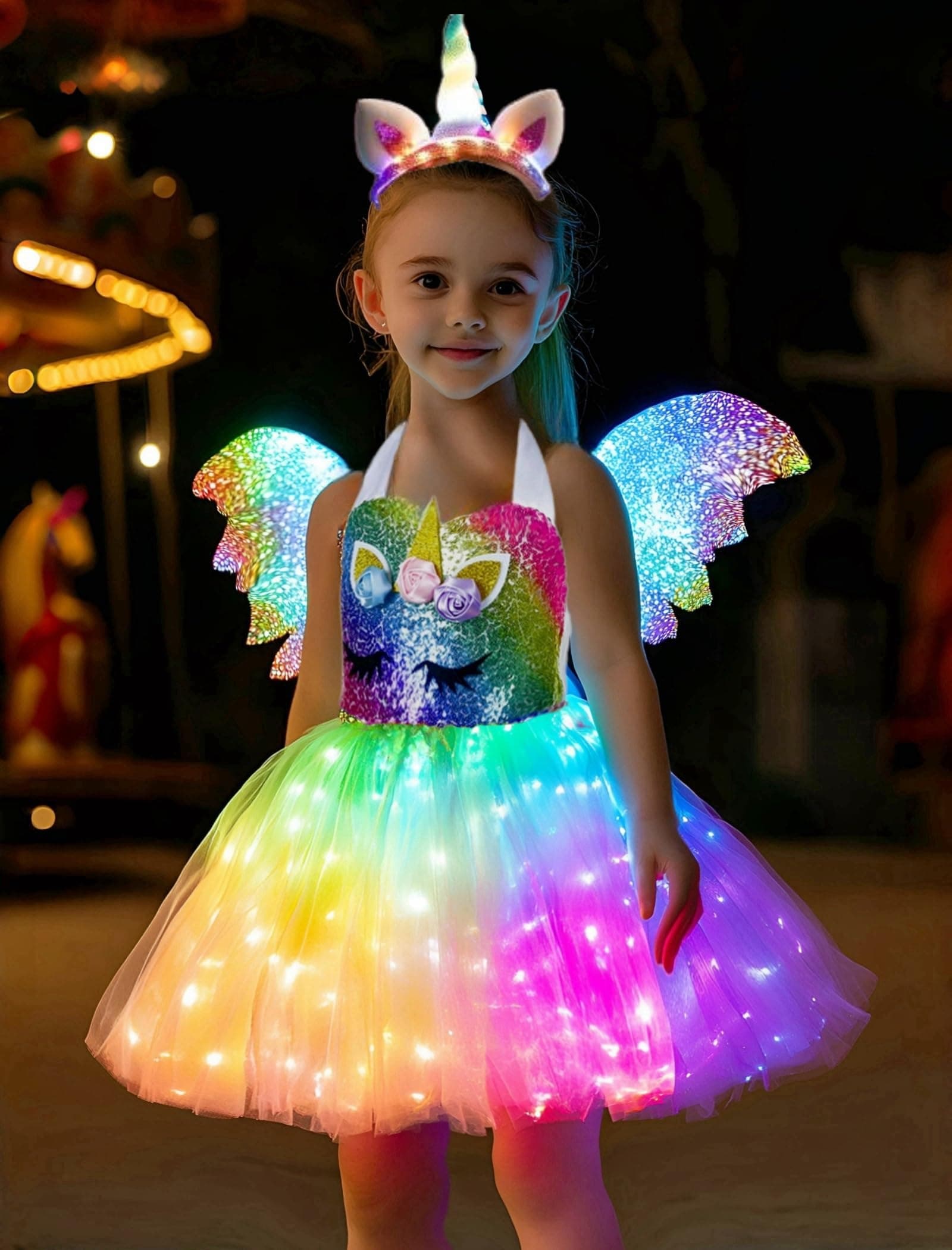 SHINYOU Girls Unicorn Costume, Rainbow Unicorn Dress, LED Light Up Unicorn Tutu with Wing for Halloween Birthday Gift
