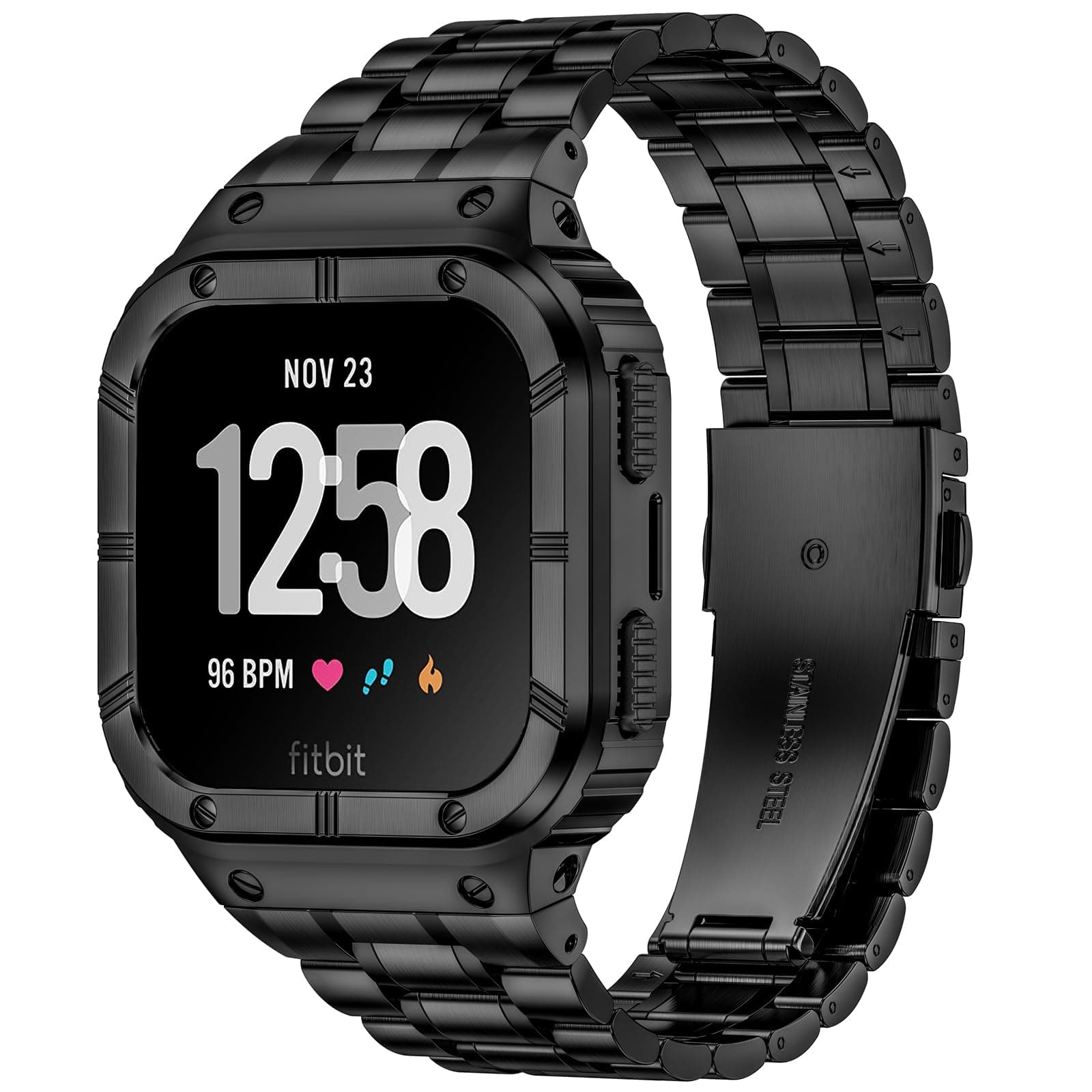 - Stainless Steel Watch Band with Case Compatible for Fitbit Versa/Fitbit Sense Bands, Rugged Protective Bumper Metal Wristbands for Men Women