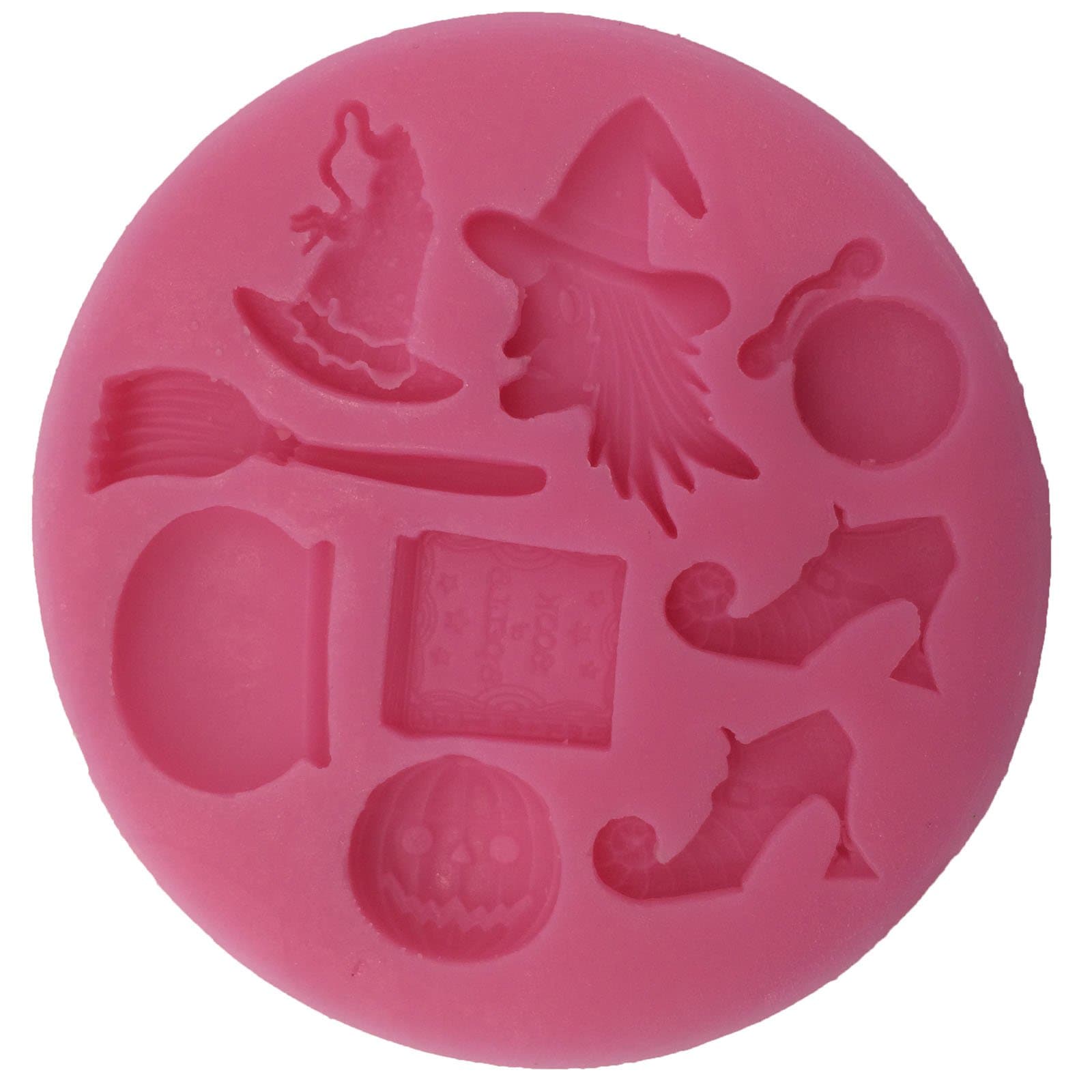 Halloween Sugarcraft fondant fimo cake topper icing sugarpaste silicone mould Sugarcraft fondant fimo cake topper icing sugarpaste THE WITCH silicone mould (includes shoes , spell bag , witch face , hat , broom ,cauldron , spell book , pumpkin) D 9.5 x H 1 cm PINK