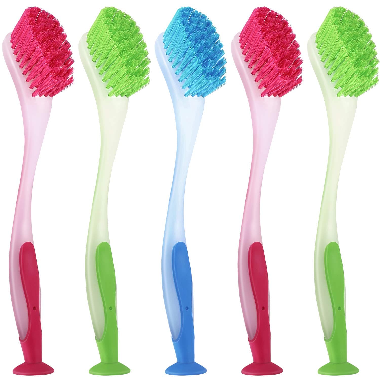 5 Pieces Long Dish Brush with Handle Assorted Color Dishwashing Brush with Suction Cup Multipurpose Scrub Cleaning Tool for Kitchen, Toilet, Etc.