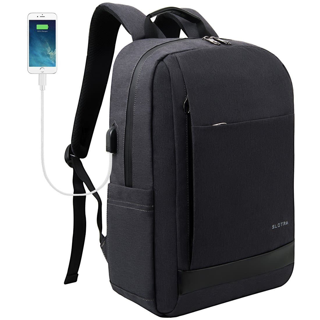 SLOTRA Laptop Backpack Water-resisent Work School Business Backpack 15.6 Inch with USB Charging Port Lightweight Travel Backpack for Men/Women 15/15.6 Inch (Black)
