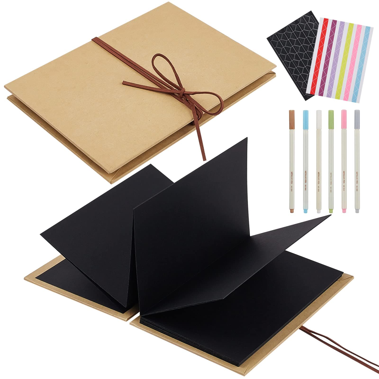 Scrapbook Album 6x8 Inch Small Photo Album with DIY Accessories Set, Stretchable Folding Kraft Paper Memory Book for Wedding Anniversary (Black)
