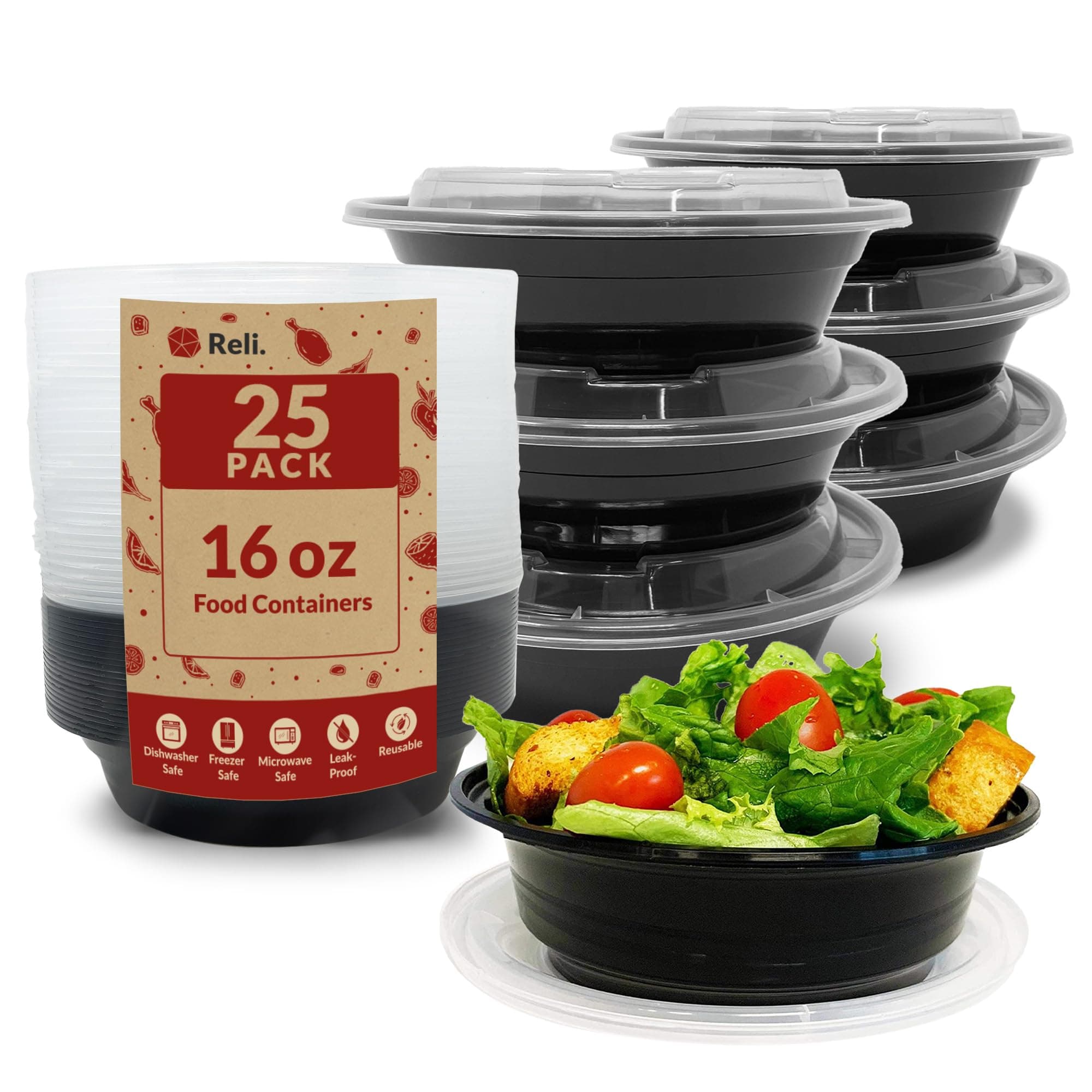 Reli. Meal Prep Container Bowls, 16 oz (25 Pack) Meal Prep Containers Reusable | Plastic Take Out Food Boxes, Microwavable Bowls with Lids | Disposable for Takeout, To Go, Leftover