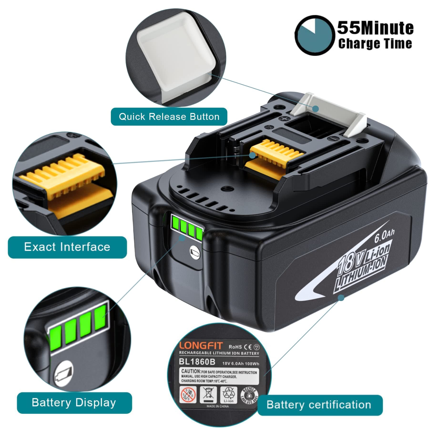 LONG FIT 6.0Ah Battery Replace for Makita 18V Battery Compatible with Makita 18 Volt BL1860B BL1850B BL1840B BL1830B BL1815B Batteries