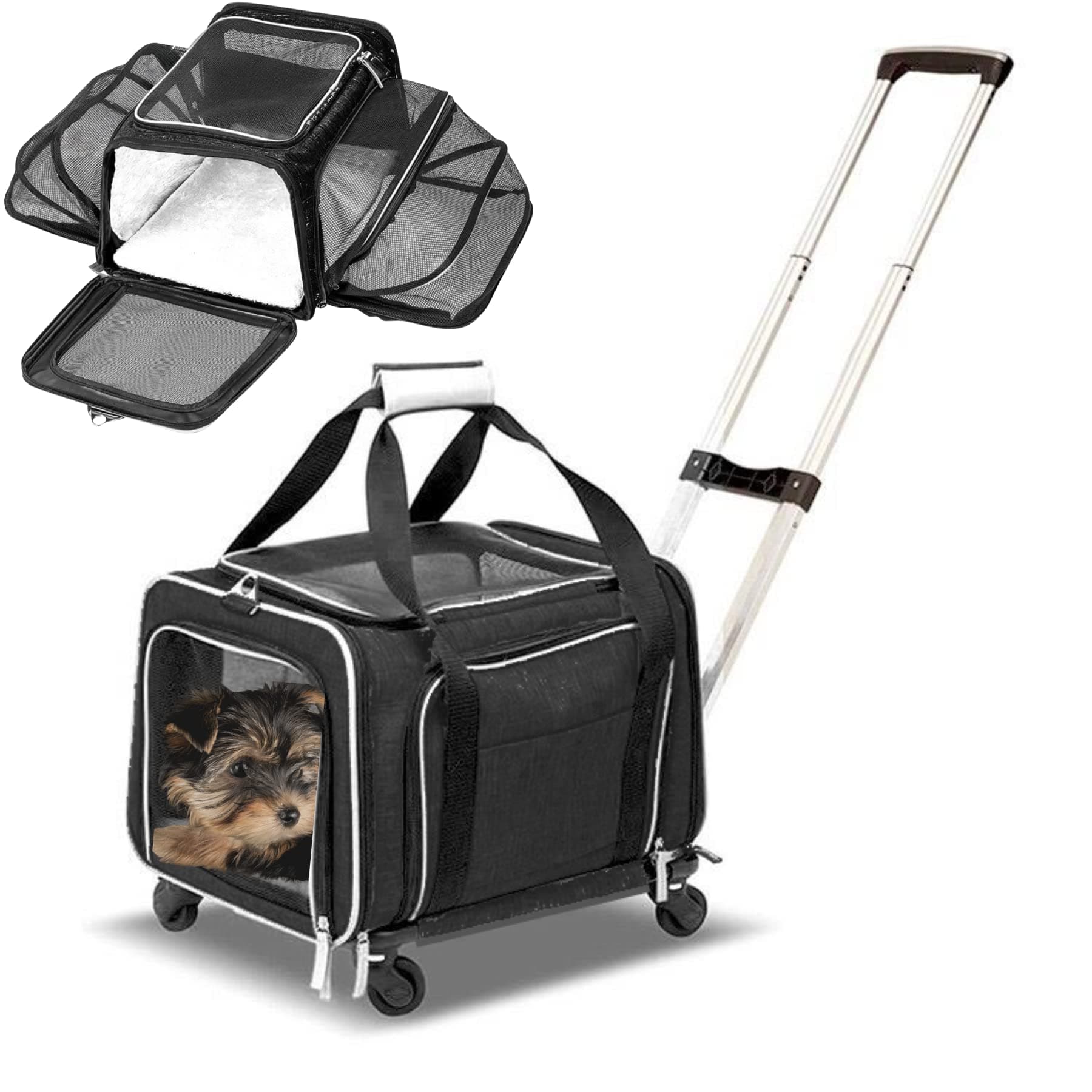 Airline Approved Expandable Premium Pet Carrier on Wheels- Two Sided Rolling Carrier- Designed for Dogs & Cats- Extra Spacious Soft Lined Carrier! (Black) (RL-PET-CARRIER-WHEELS)