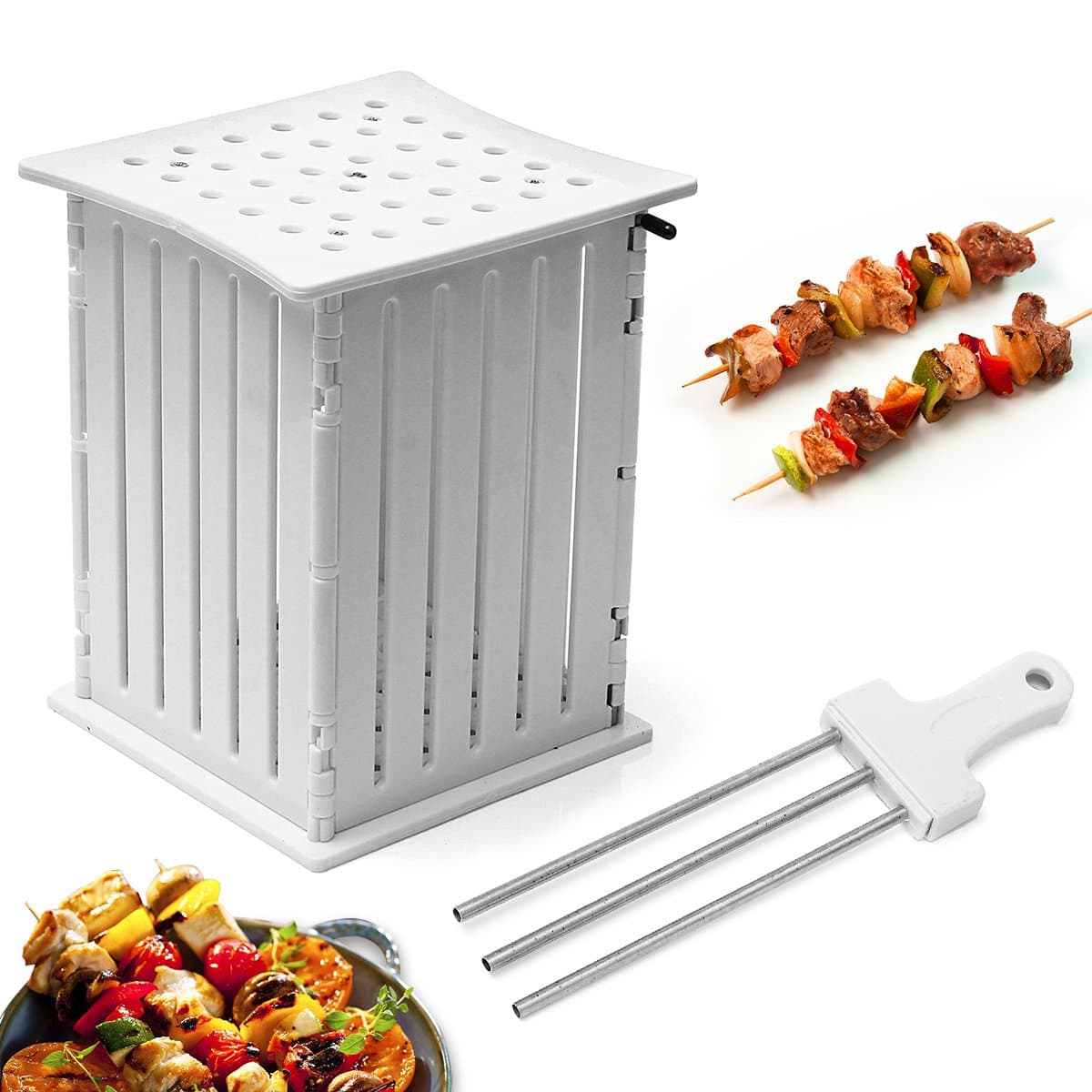 Janolia 36 Hole Skewers Food Slicer, BBQ Brochette Grill Shish Kebab Maker Box Kit Tool, Portable Barbecue Grill Roasted Meat Cutter with a Skewers Pusher, White 6.3x5.7x7.3inch