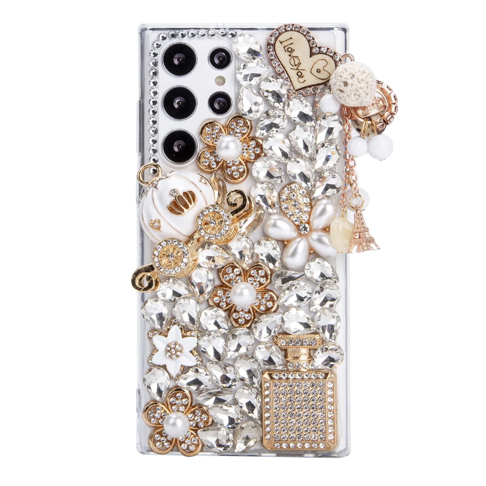 iFiLOVE Galaxy S22 Ultra Bling Case, 3D Luxury Glitter Diamond Crystal Rhinestone Pumpkin Car Pendant Cover (Clear)
