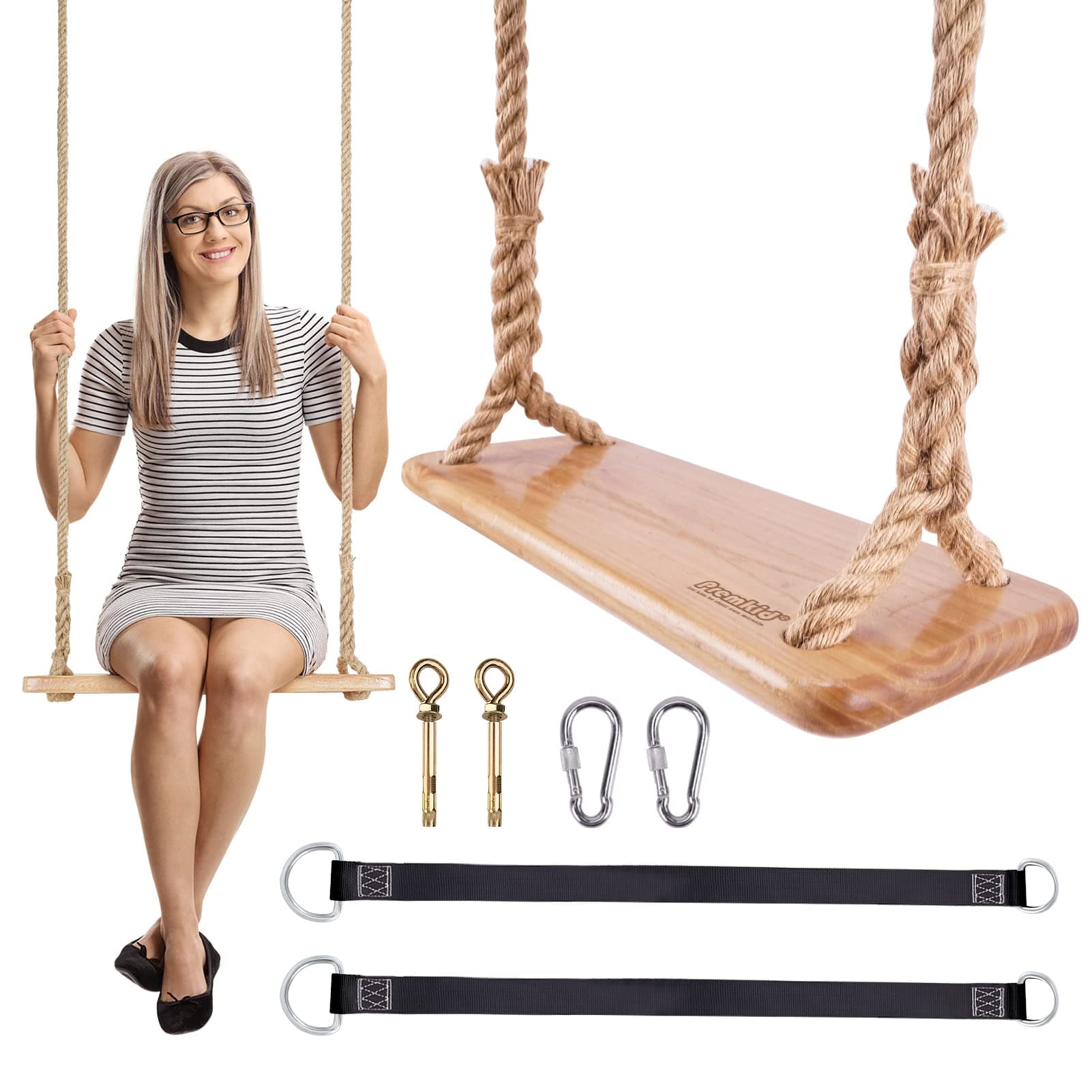Hanging Wooden Swing, 24"x 8"x 1.2" Tree Swing for Adults and Kids with 500lbs Load, Adjustable Hemp Rope Plus Tree Straps 10.54FT, Wood Swing Set Seat for Outdoor and Indoor Use