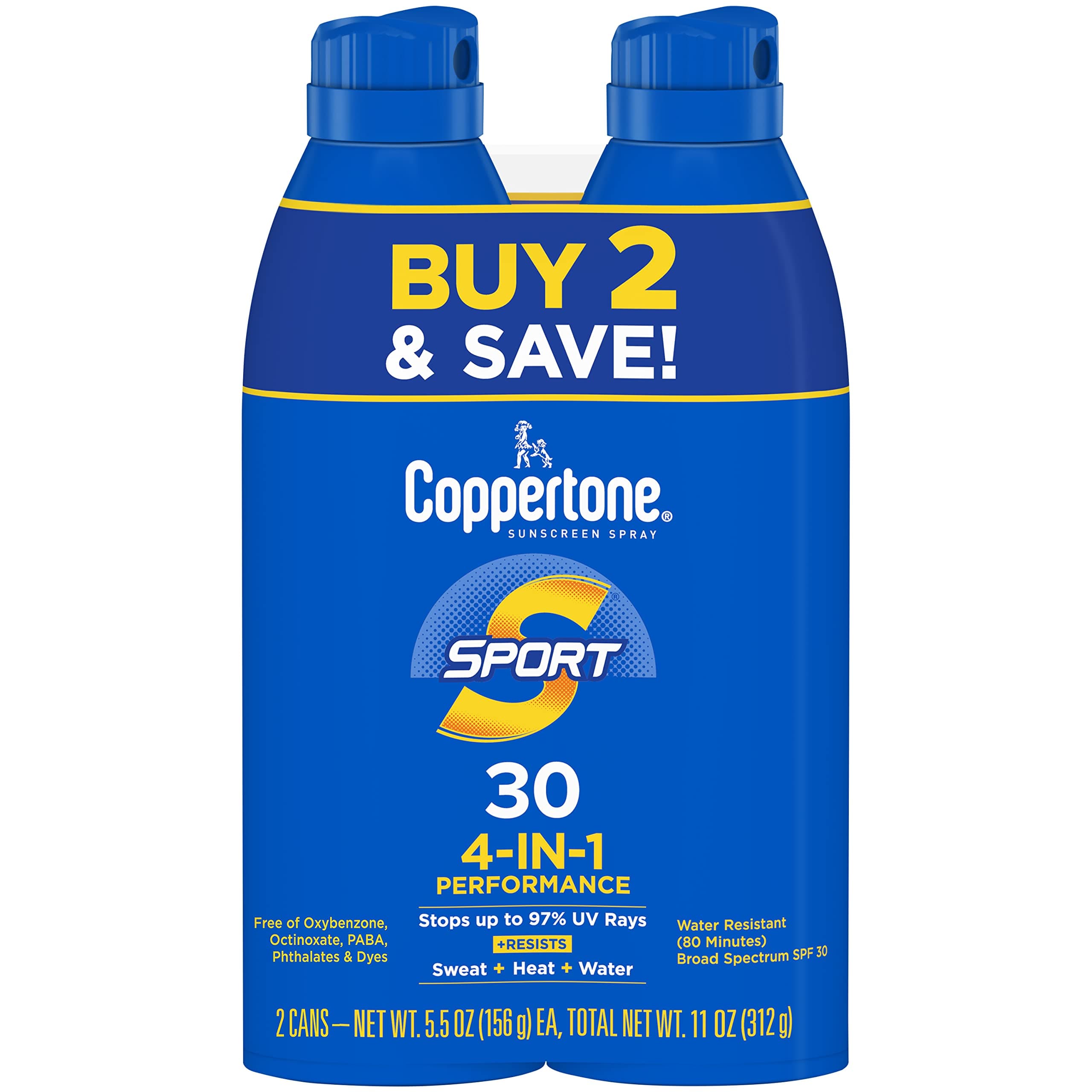 Coppertone SPORT Continuous Sunscreen Spray Broad Spectrum SPF 30 (5.5-Ounce Bottle, Twin Pack)