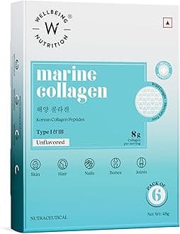 Wellbeing Nutrition Pure Korean Marine Collagen Supplements for Women & Men|Clinically Proven Type 1 & 3 Hydrolyzed Peptides|For Anti-Aging,Radiant Skin & Hair Growth|Unflavored - 6 Sachets, 48 grams