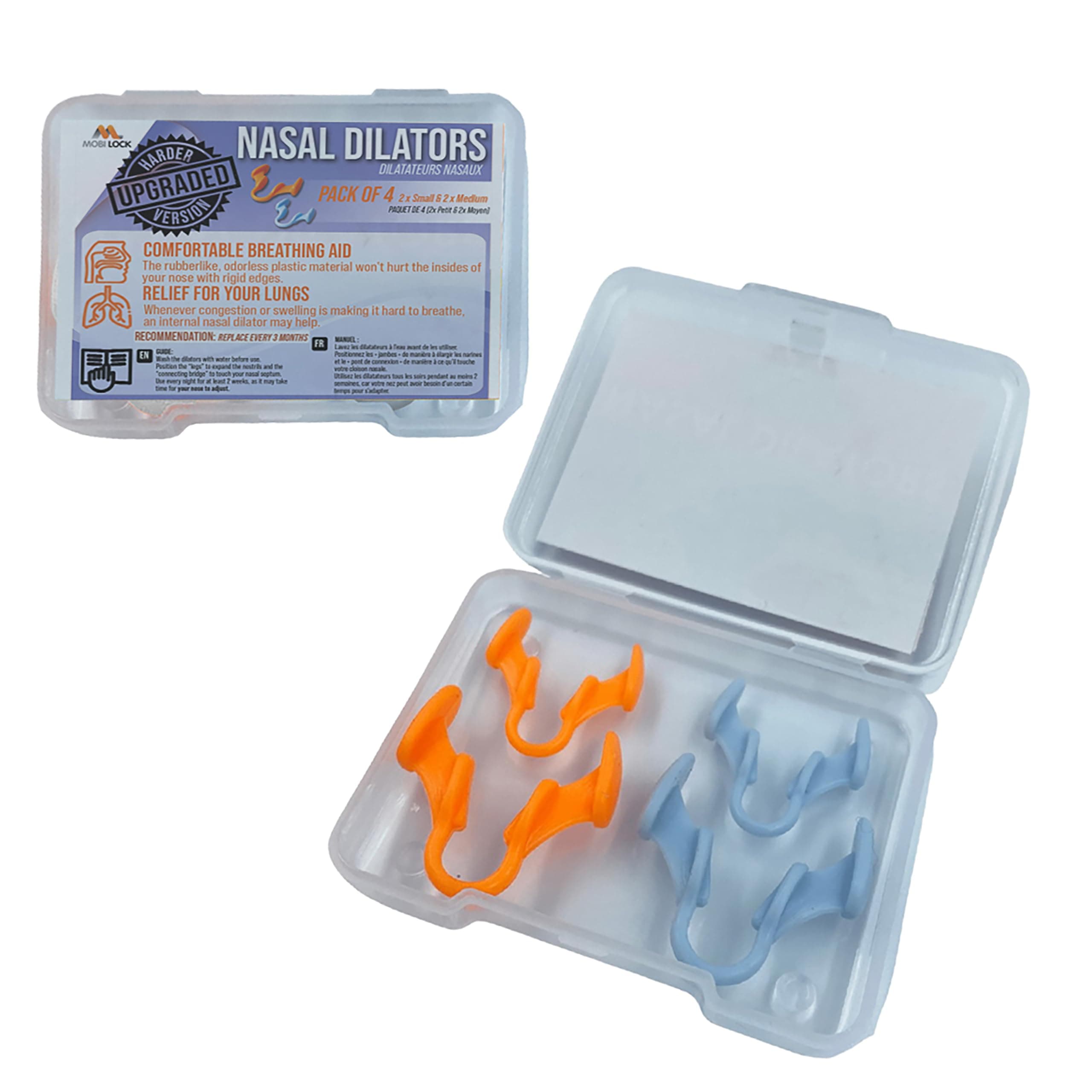 Nasal Dilators for Snoring - Anti Snore Nasal Dilator for Breathing - Upgraded Harder Version - Nose Breathing Aids - Nose Dilator for Sleep, Exercise - 4-Pack, 2 Small & 2 Medium - by Mobi Lock