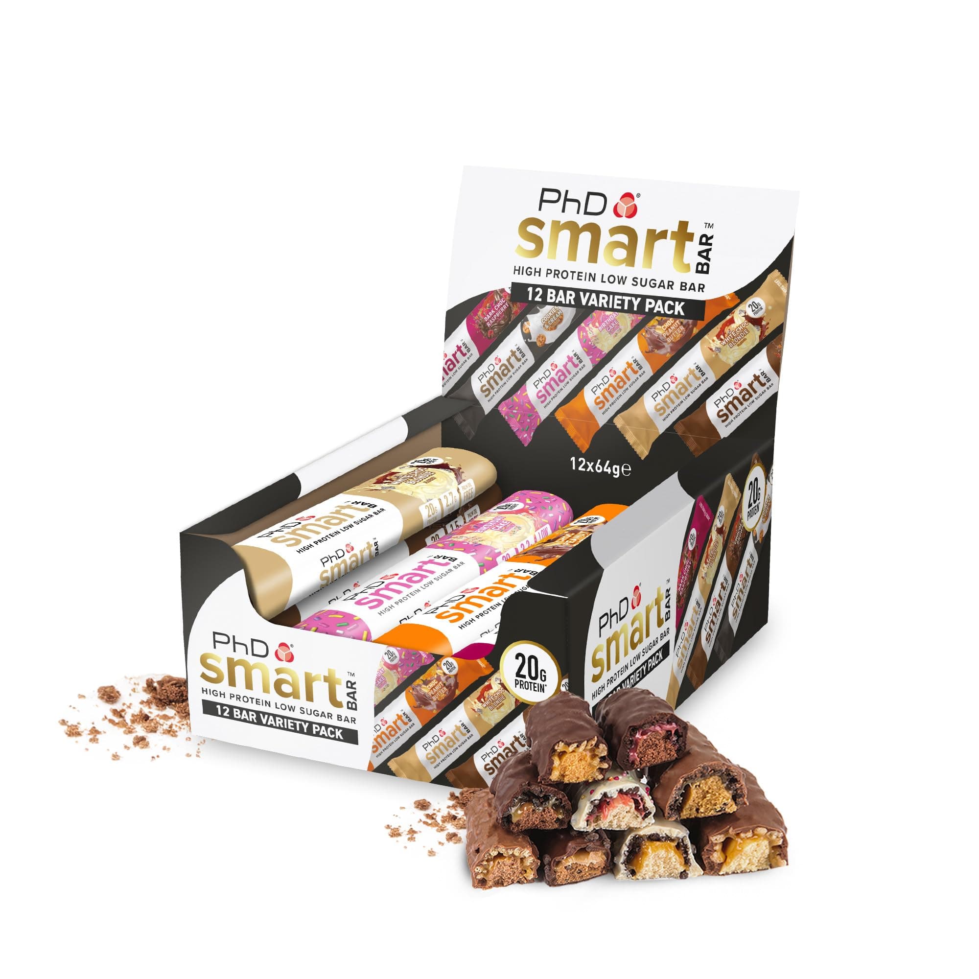 PhD Nutrition Smart Protein Bar Low Calorie, Nutritional Protein Bars/Protein Snacks, High Protein Low Sugar, Variety Pack, 20g of Protein, 64g Bar (12 Pack)