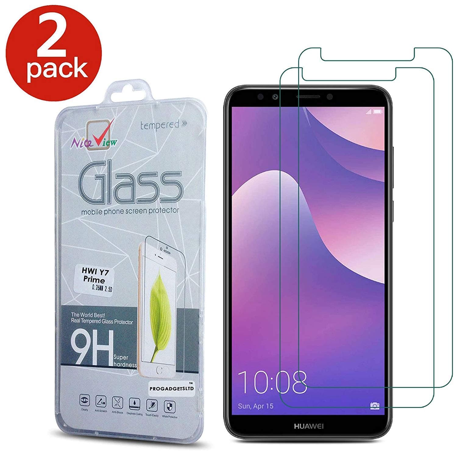 [2 Pack] Huawei Y7 2018 Screen Protector, Gorilla Tempered Glass Screen Protector Shockproof Protective Shield LCD Film Guard [9H Hardness] [Scratch-Resistant] for Huawei Y7 Prime (2018) / Y7 (2018)