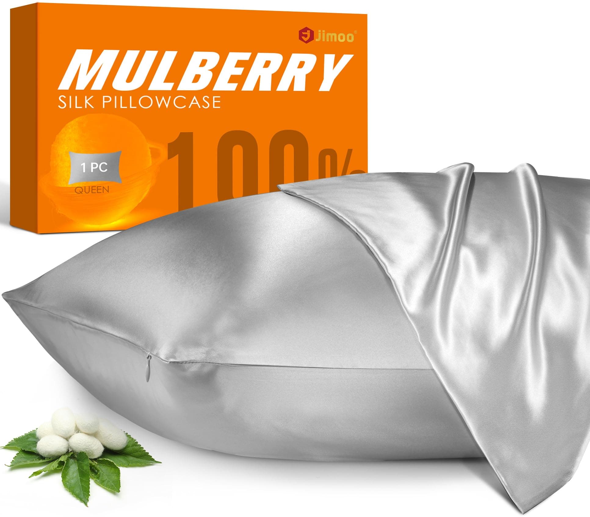 100% Mulberry Silk Pillowcase for Hair and Skin, 22 Momme Pure Natural Silk Pillow Case Both Sided with Zipper, Pillow Cover for Women Mom Men (Silver Grey, Standard 20''×26'', 1 Pack)