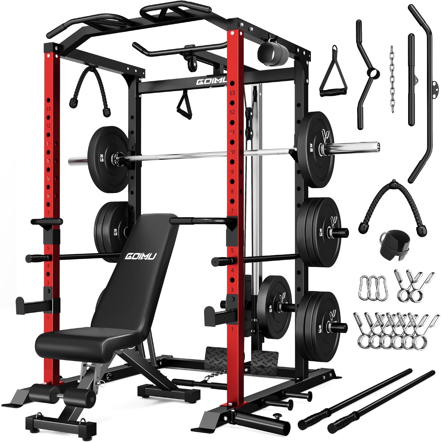 C1-V4 Power Cage, 2000LBS Squat Rack with LAT Pulldown, Multi-Function Weight Cage Strength Training Machine, Workout Cage with More Attachments for Home Gym Garage