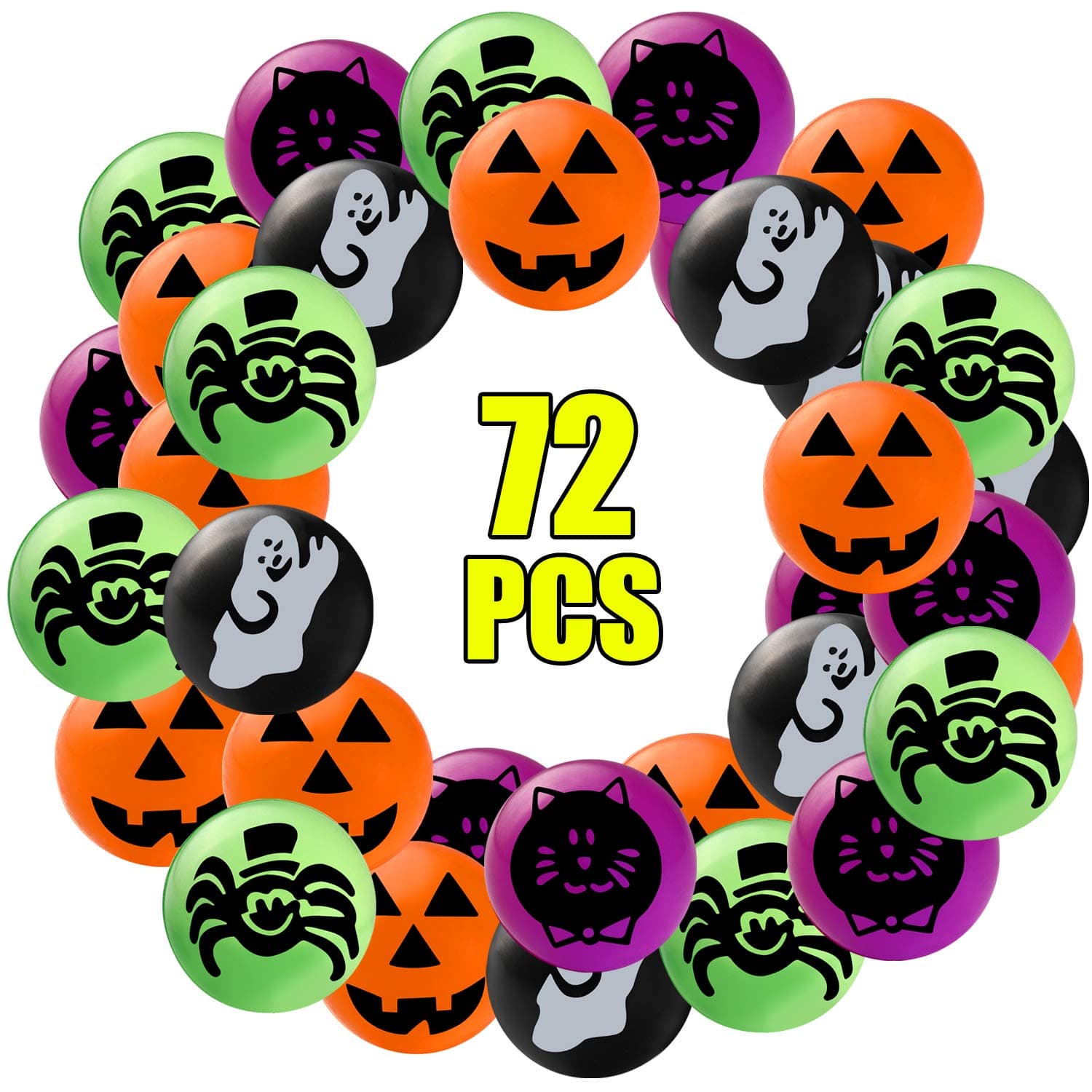 Sizonjoy 72 Halloween Theme Designs Bouncing Balls,Halloween Bouncy Party Favors Supplies for Kids, Trick or Treat Bags