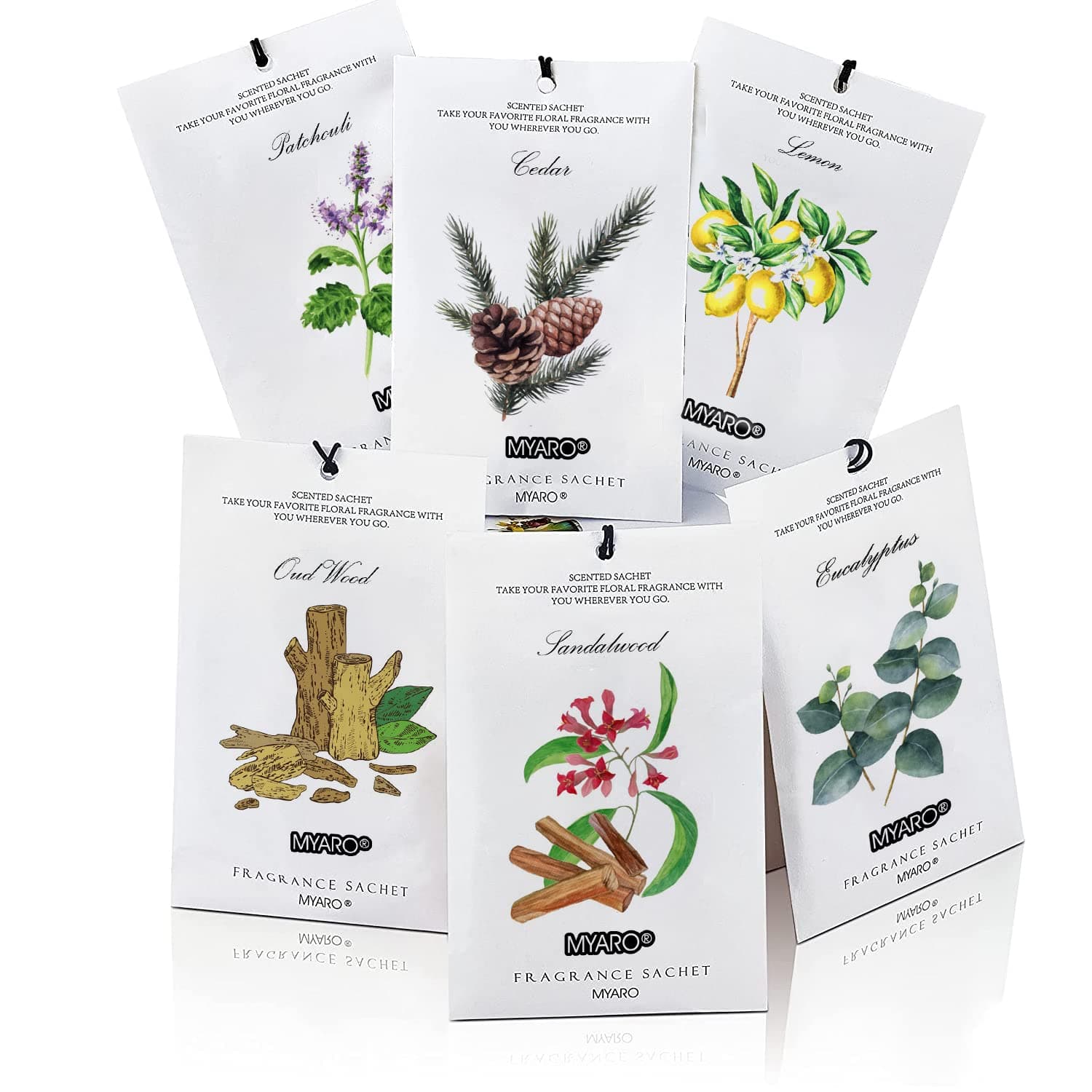 MYARO 12 Pcs Scented Sachets for Drawer and Closet, Long-Lasting Air Freshener Sachets Bag, Closet Deodorizer Potpourri Bags, 6 Fresh Scents - Cedar, Sandalwood, Lemon, Eucalyptus, Patchouli, Oud Wood