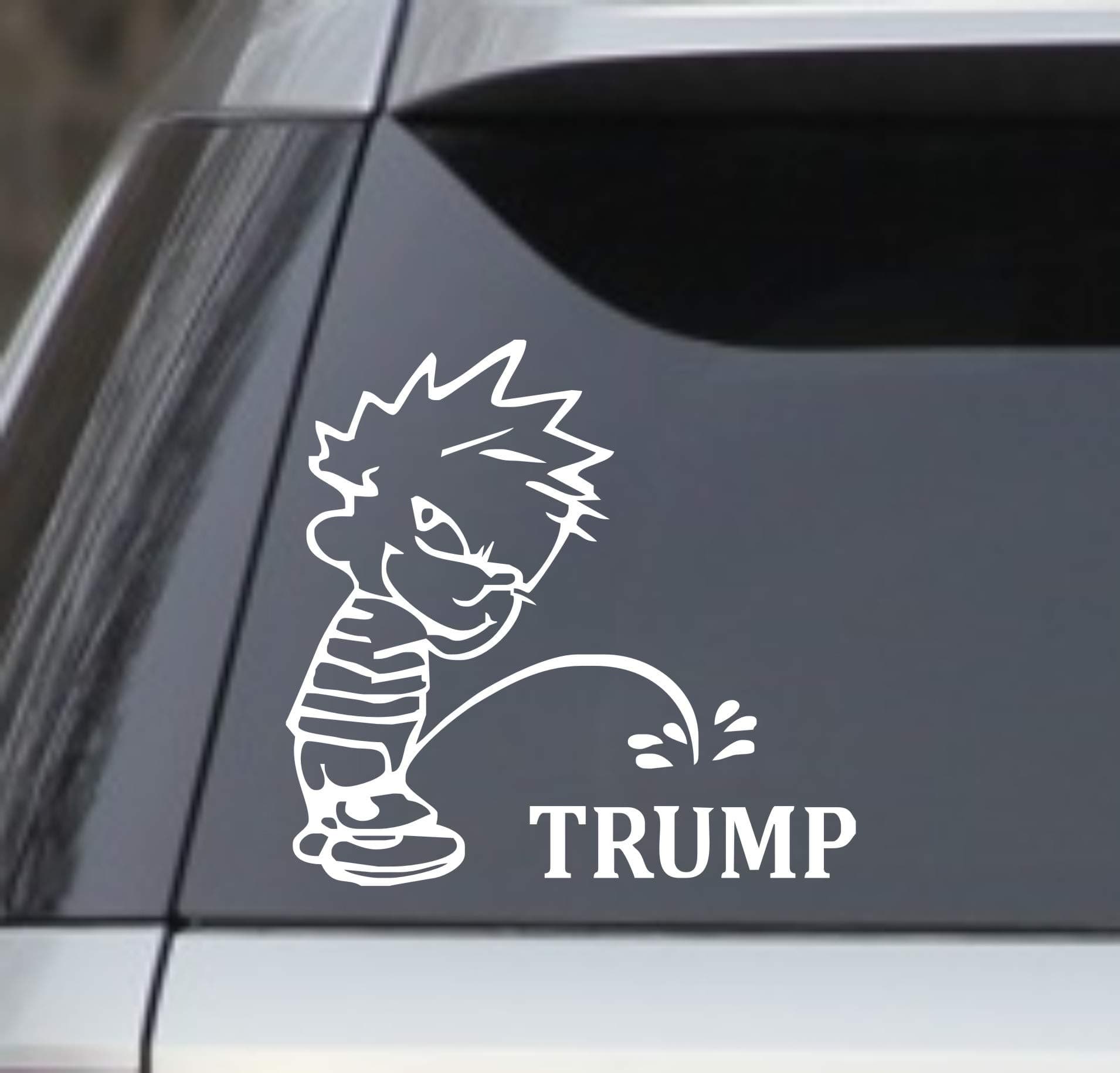White 6" Calvin Peeing Pissing On Trump President Window Sticker Decal – (Anti Trump Stop Impeach Resist Bumper Election) Good for Cars, Trucks, laptops, lockers etc