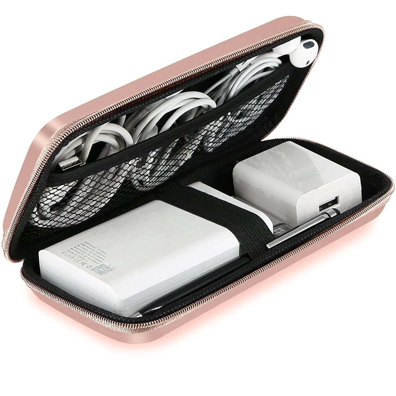 iMangoo Travel Essential Electronics Organizer Charger Case, Shockproof Dual Zipper Power Bank Cables Tech Accessories Pouch Purse, Men & Women Travel Must Have Storage Bag, 6.5x3.2x1 inch Rose Gold
