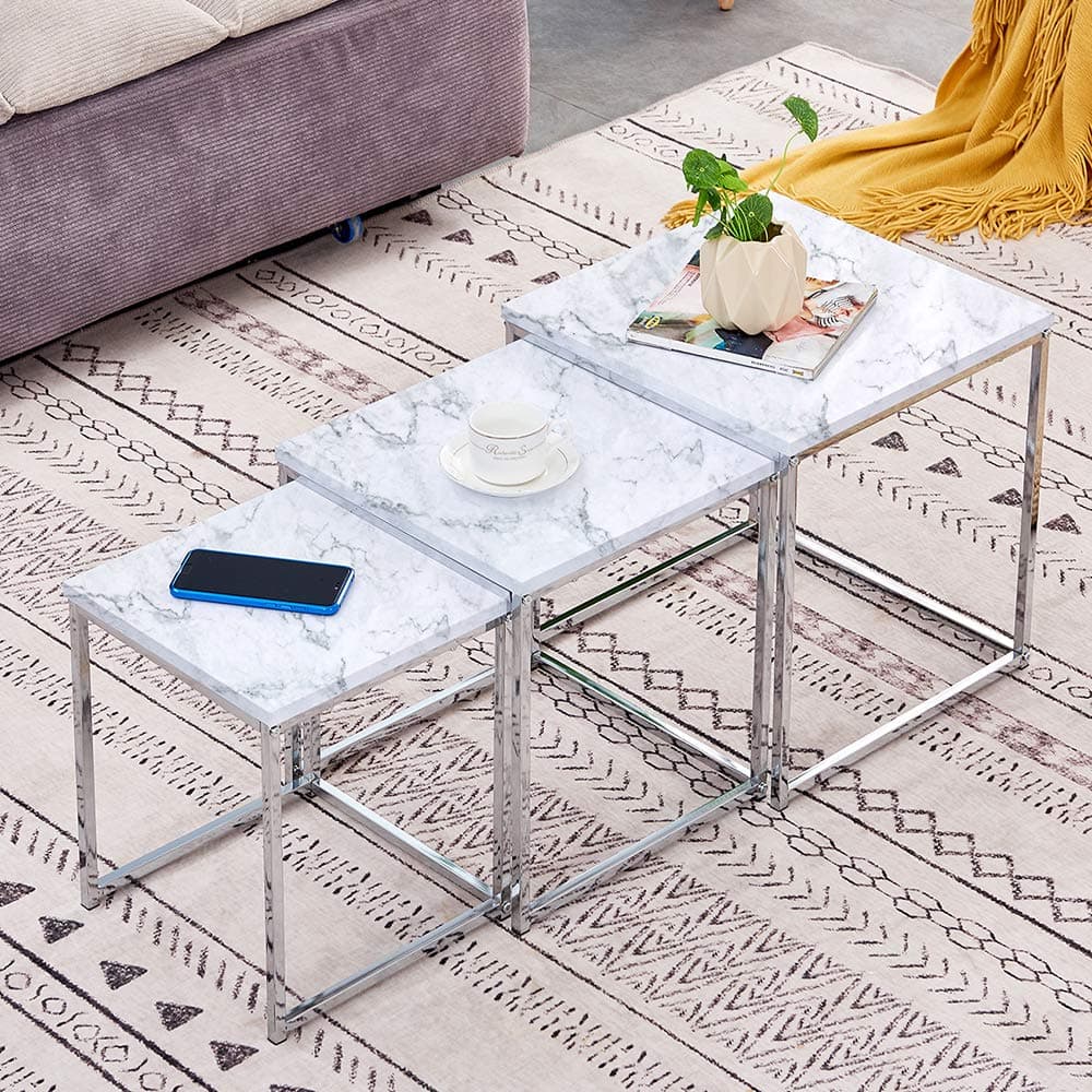 Huiseneu Modern Coffee Table Nest Table Set of 3 White Marble Effect Metal Chrome Legs Living Room Nesting of Table Sets Sofa Side Table End Table (White)