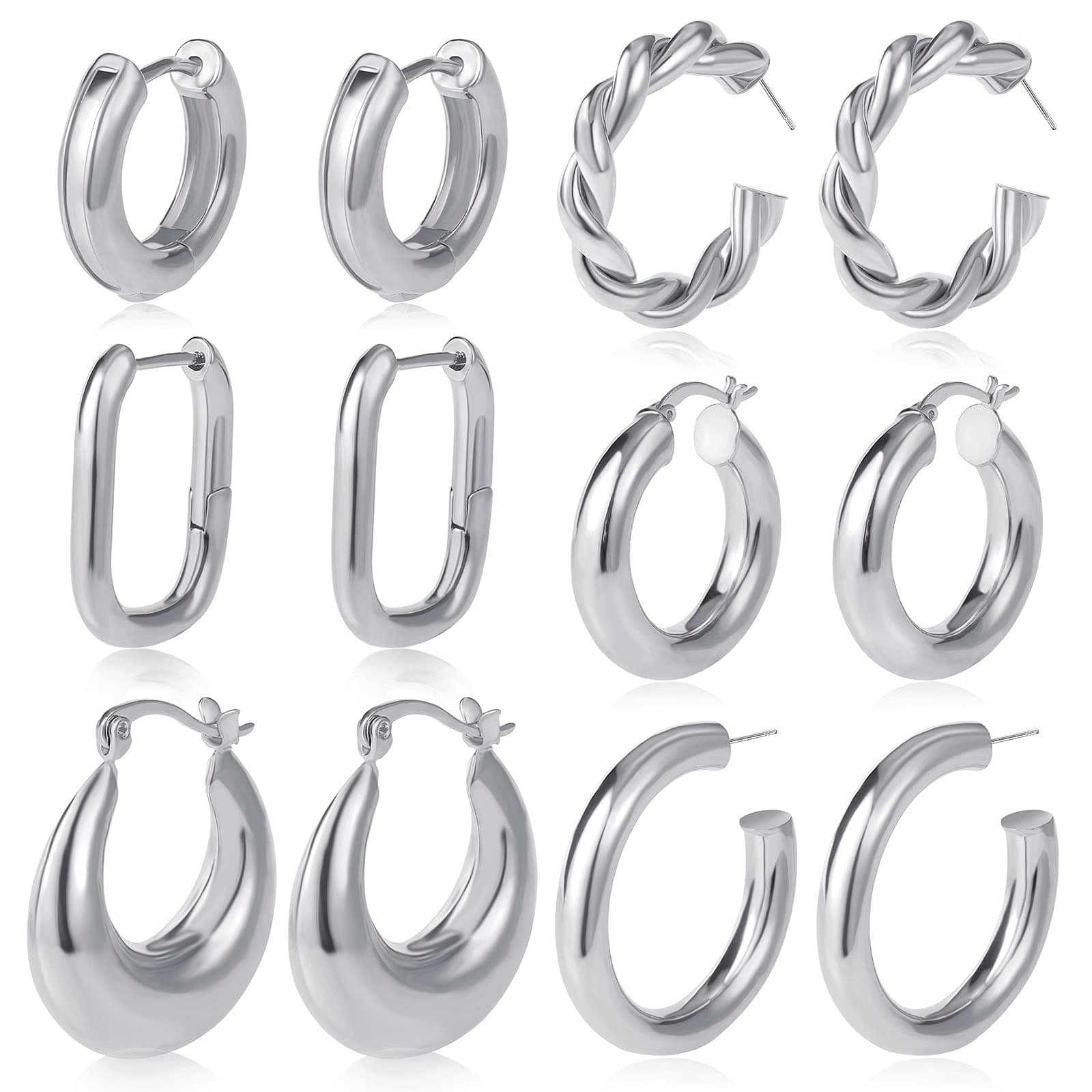 17KM6 Pairs Chunky Gold Hoop Earrings Set for Women 14K Gold Plated Hypoallergenic Thick Open Huggie Hoop Set Jewelry for Gifts