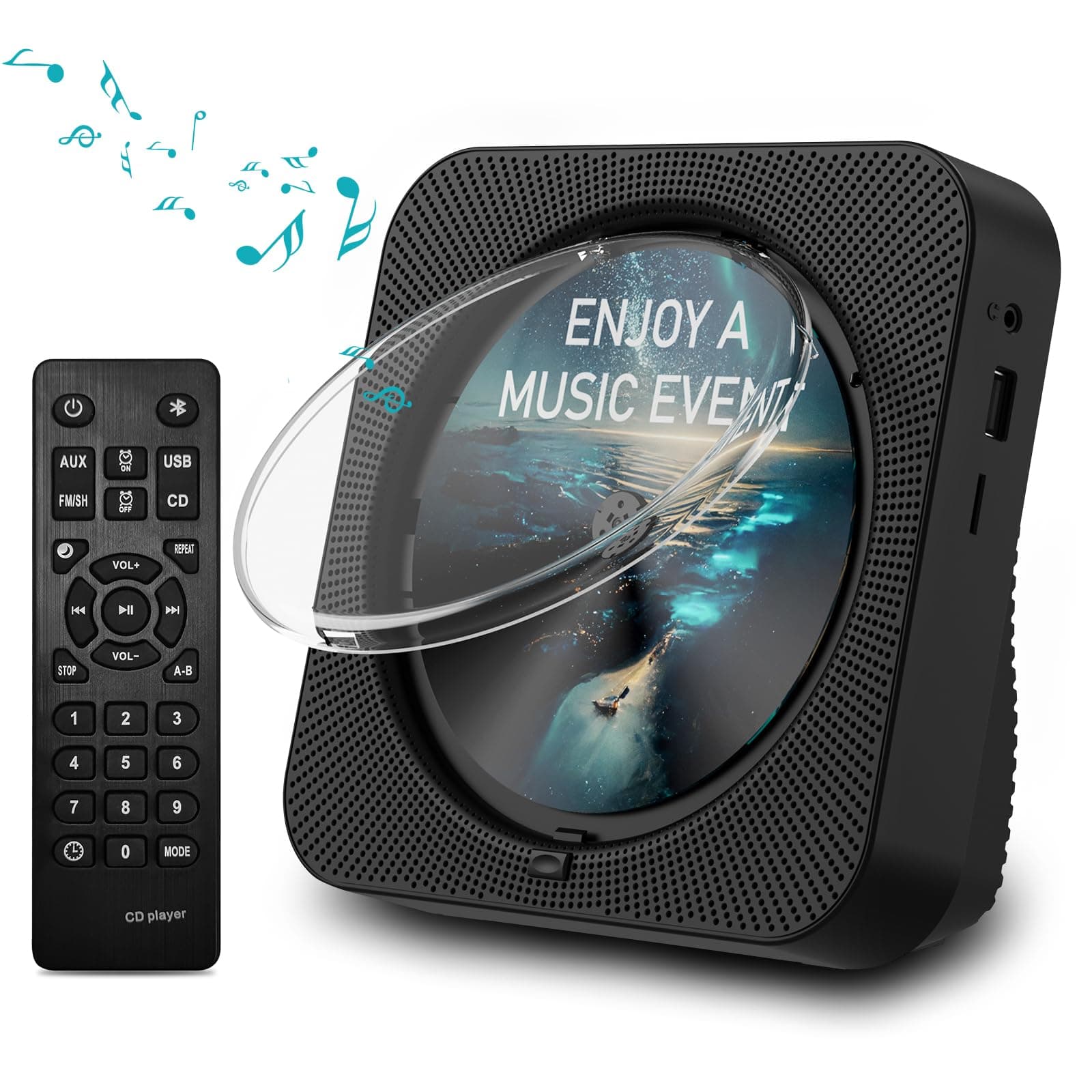 Bluetooth Desktop CD Player With Speakers for Home, LED Display, FM Radio, Timer, RC - Supports Headphone/USB/TF/AUX Playback